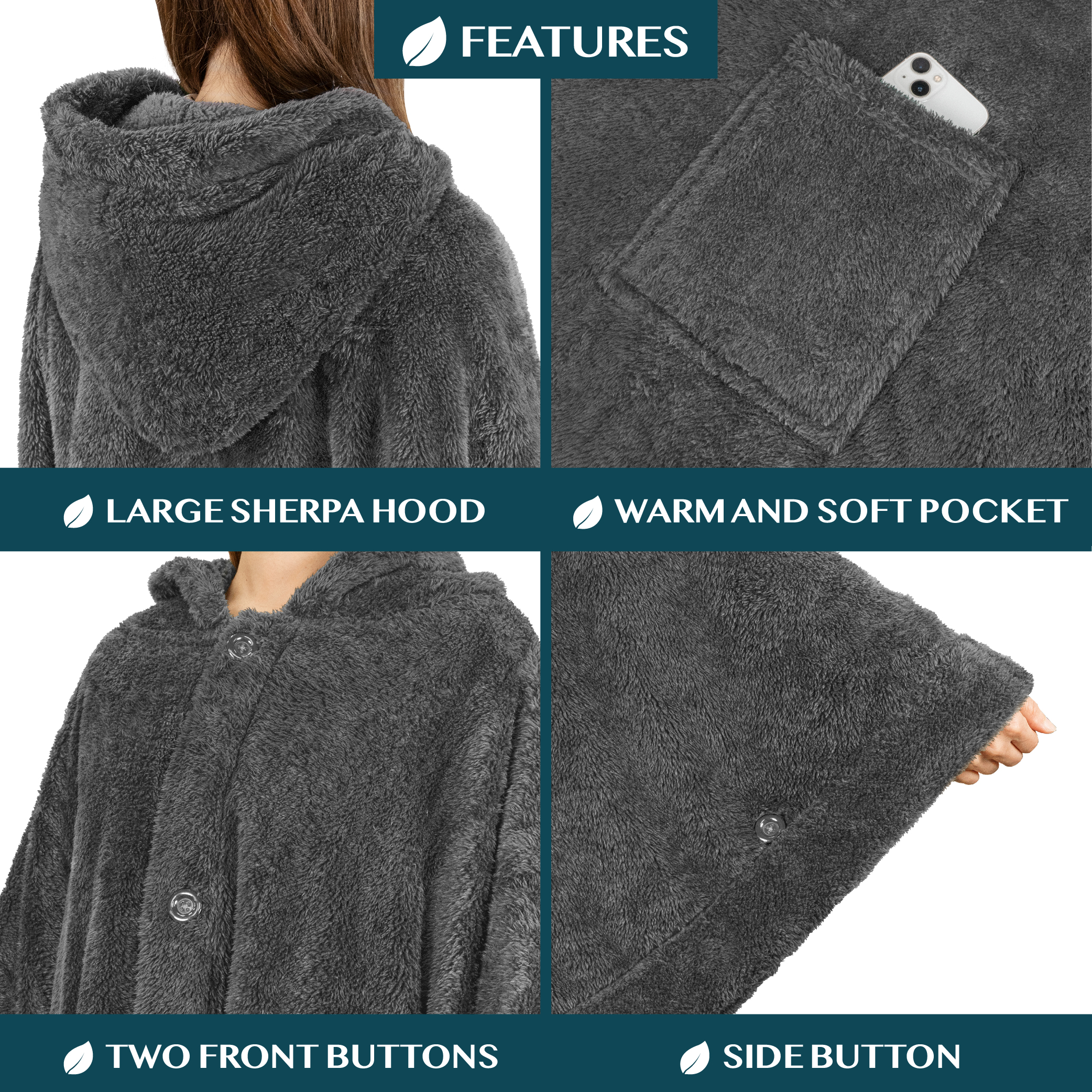 Poncho Manta con Capucha Usable Mantón Envoltura Capucha Bolsillos Suave Esponjoso Regalo - Imagen 25 de 81