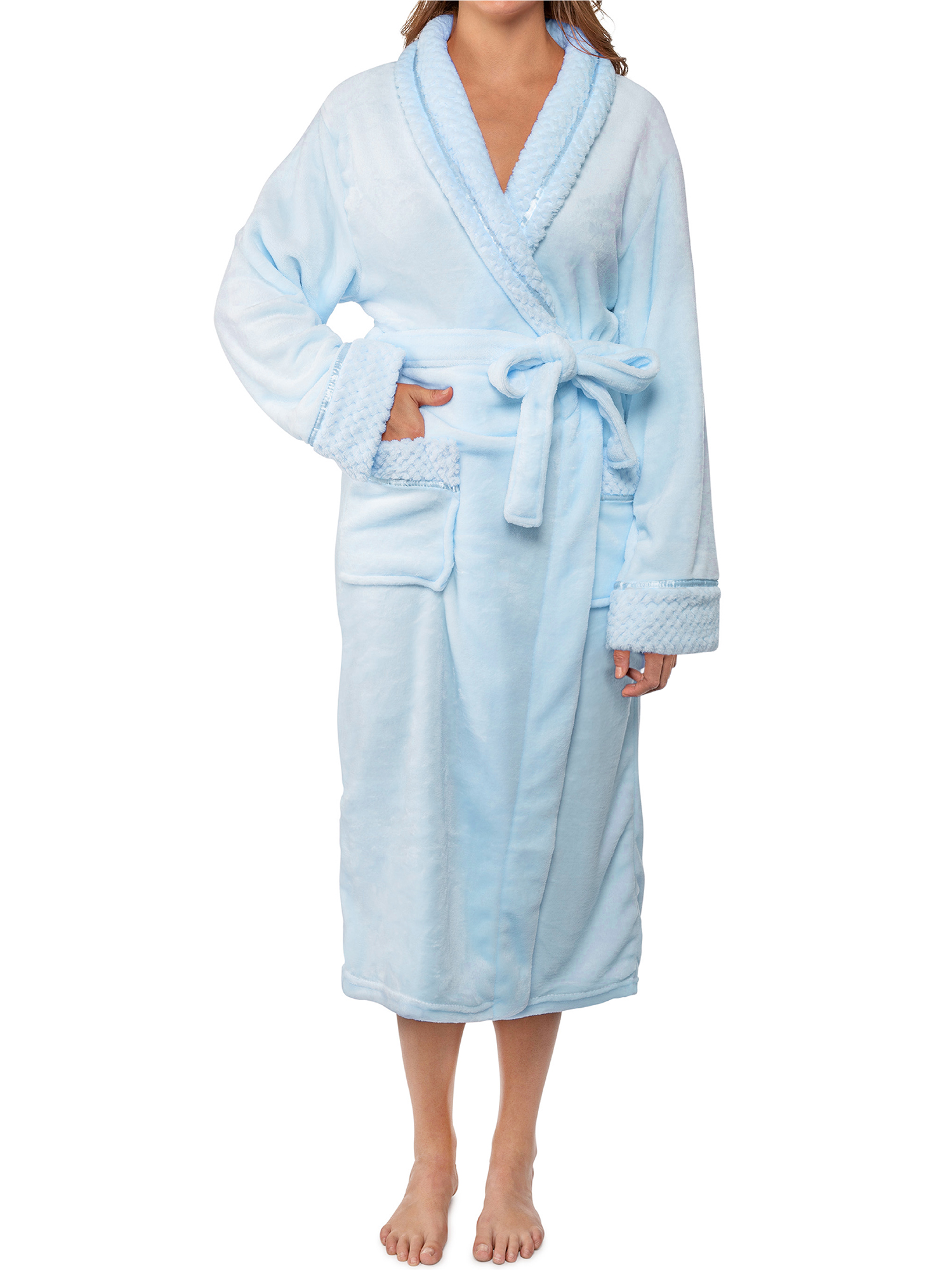 Womens Fleece Robe with Waffle Trim Plush Soft Warm Long Spa Night Bathrobe Lady