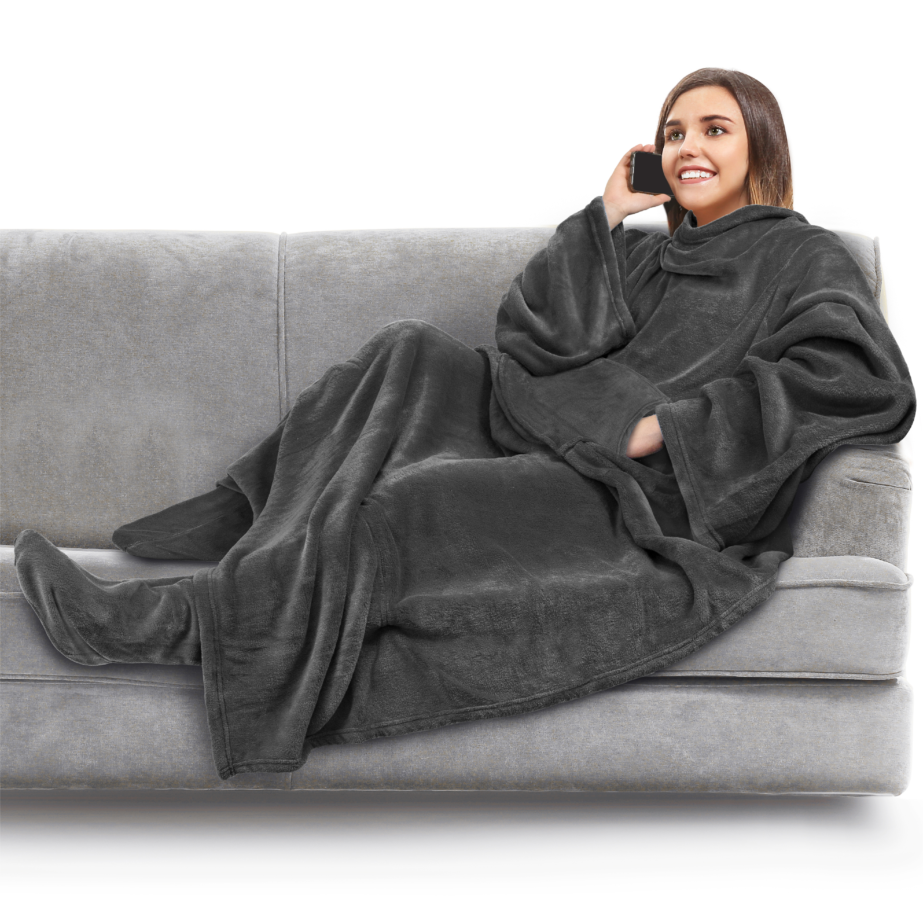 Tragbare Decke mit Fußtasche Ärmel Weich Fleece Wickel Sofa Couch TV Geschenke - Bild 24 von 192