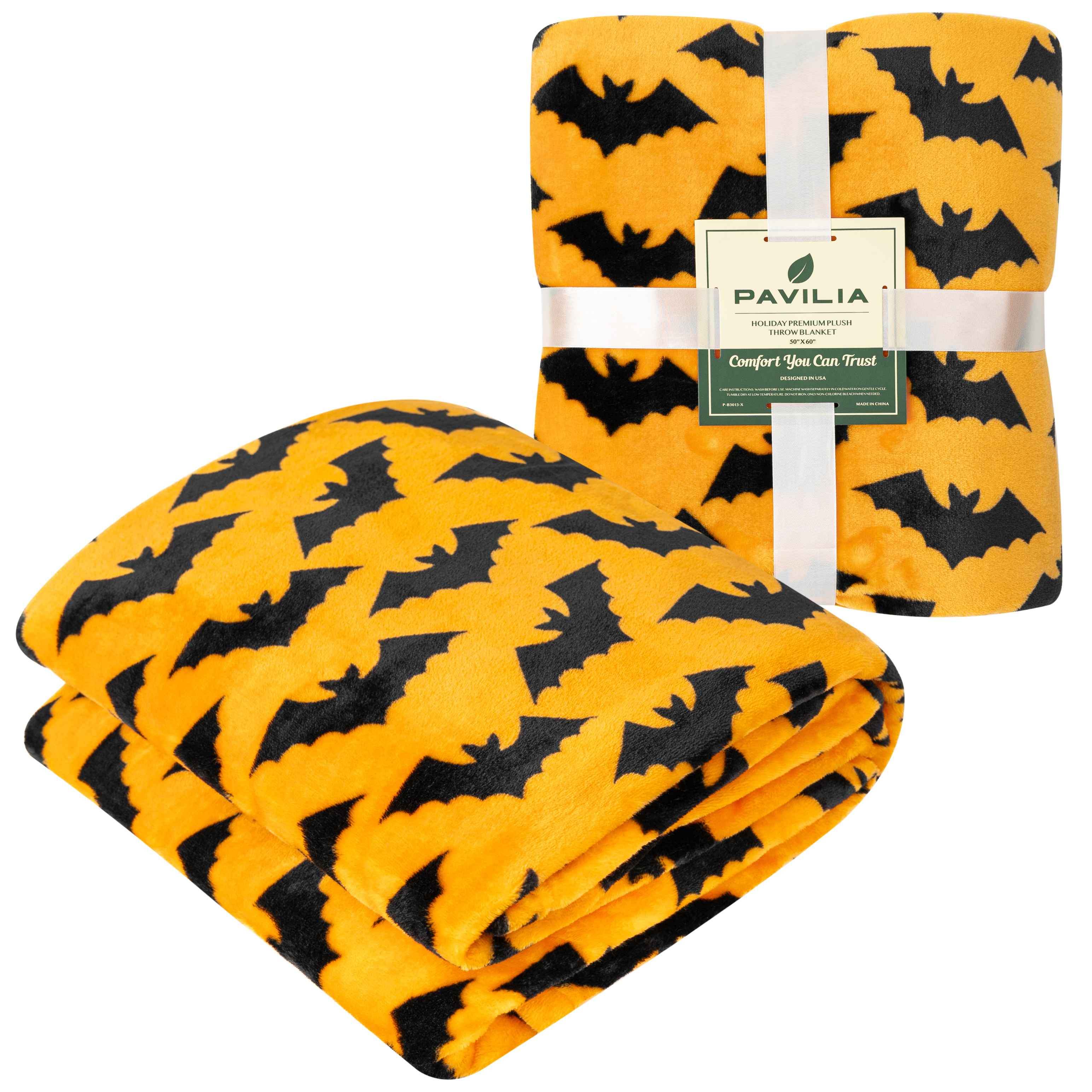 Halloween Throw Blanket Pumpkin Theme Orange Fall Spooky Bats Microfiber Fleece