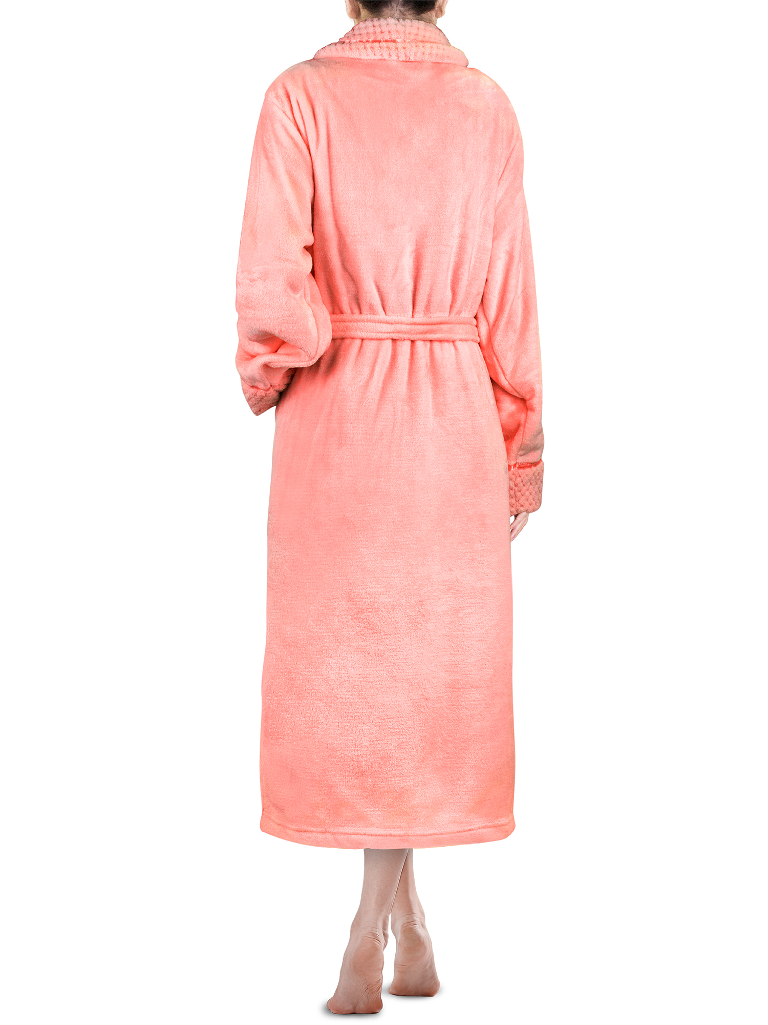 Womens Fleece Robe with Waffle Trim Plush Soft Warm Long Spa Night Bathrobe Lady