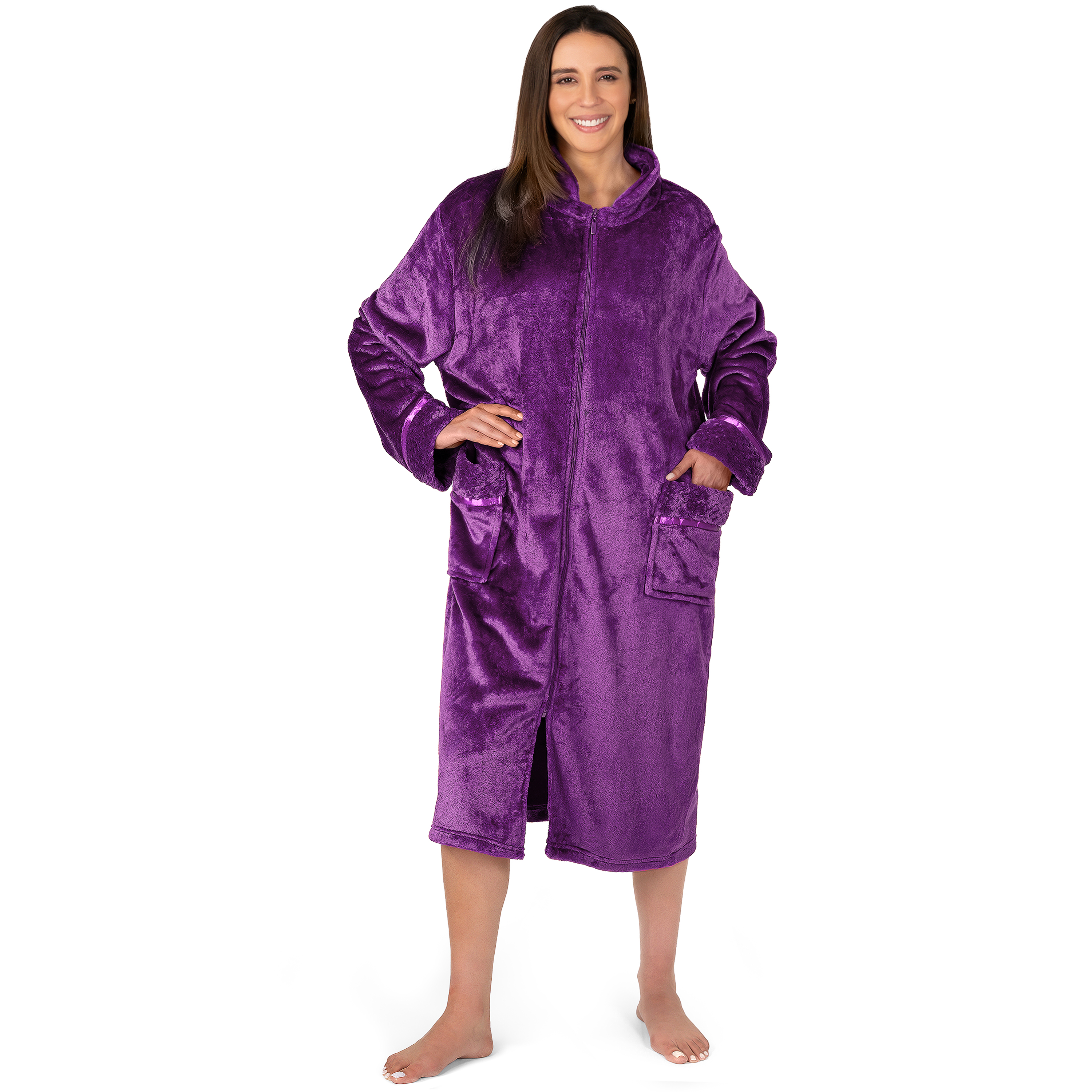 Women Zipper Robe Housecoat Lounger Zip Up Robe Full Length Satin Trim Ladies - Picture 62 of 89
