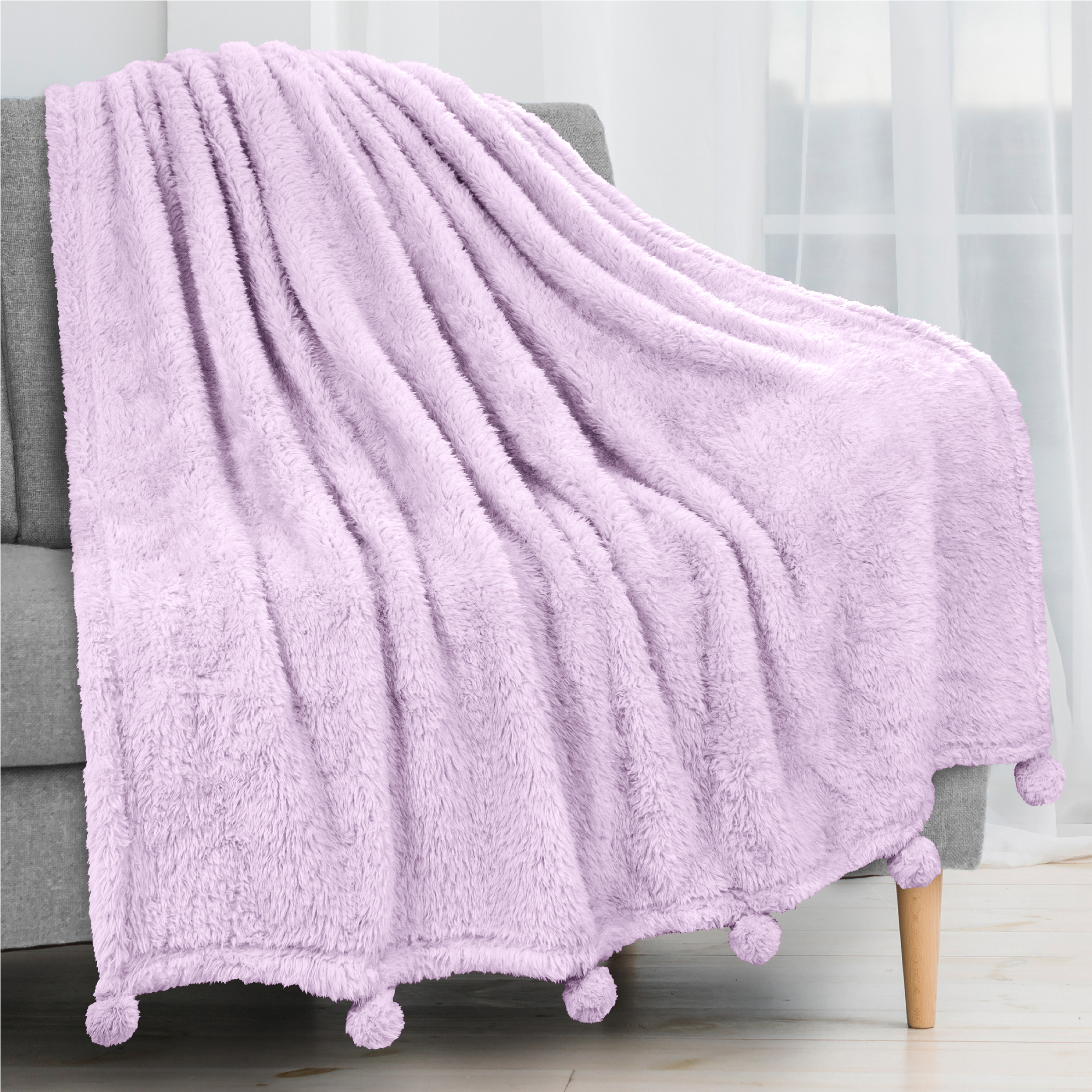 Soft Fuzzy Cozy Pom Pom Throw Blanket with Fluffy Sherpa Fleece for Sofa Couch - Picture 52 of 100