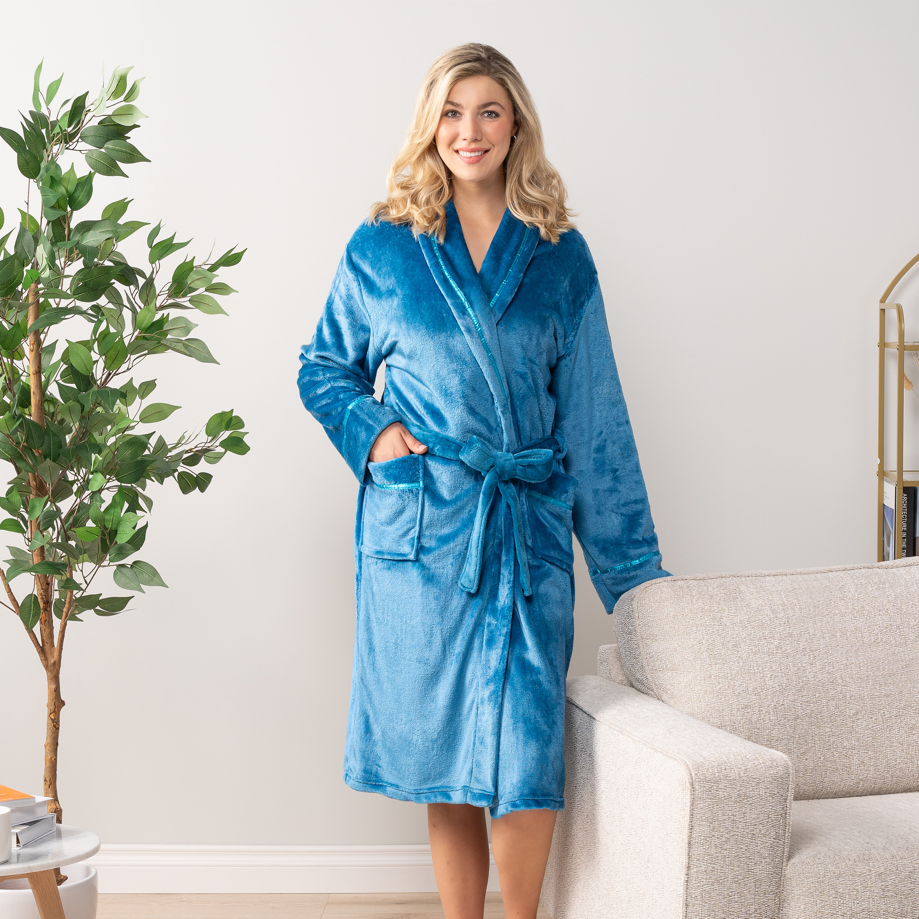 Women Fleece Bath Robe Plush Shawl Collar Spa Robe Soft Microfiber Long ...