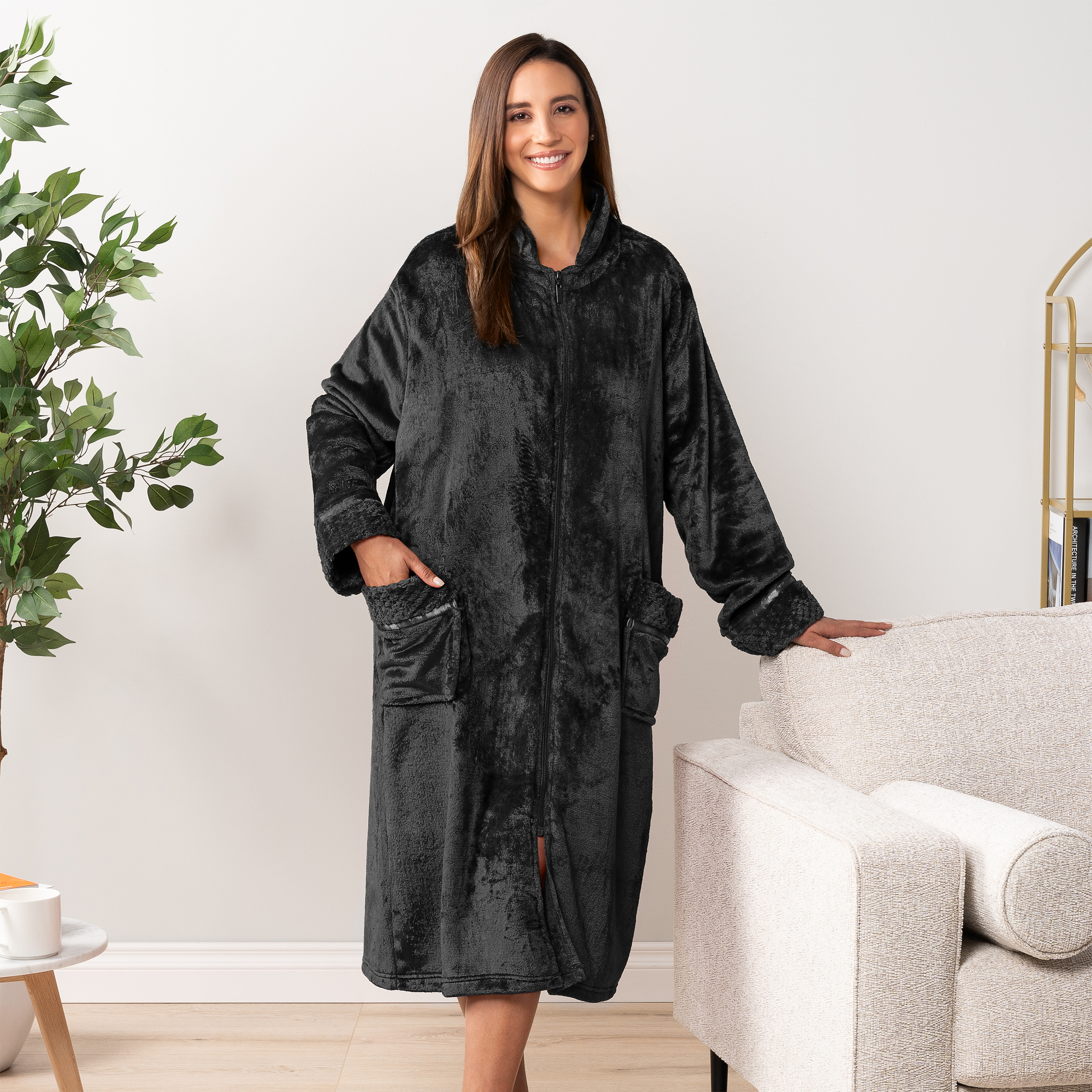 Women Zipper Robe Housecoat Lounger Zip Up Robe Full Length Satin Trim Ladies - Picture 4 of 89