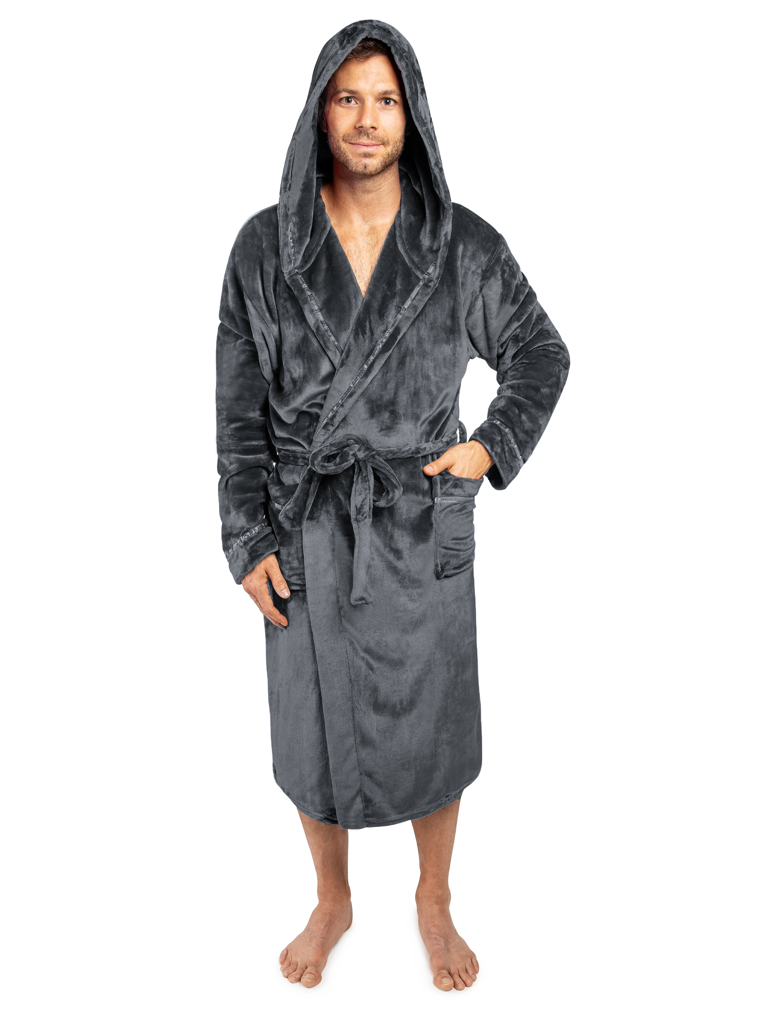 S-3XL ccko Mens Fleece Bathrobe Shawl Collar Warm Soft Plush Spa Robes for Men 