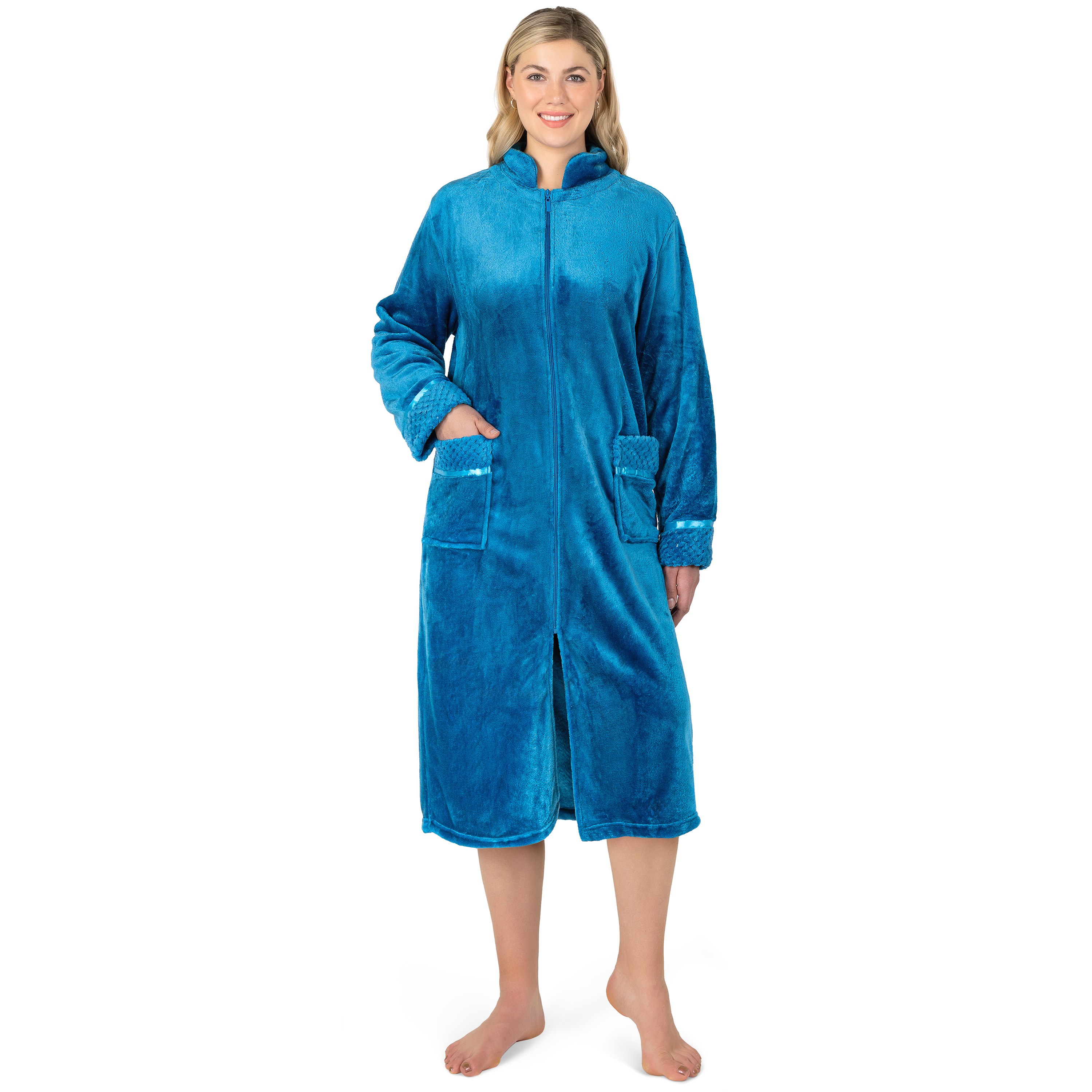 Women Zipper Robe Housecoat Lounger Zip Up Robe Full Length Satin Trim Ladies - Picture 69 of 89