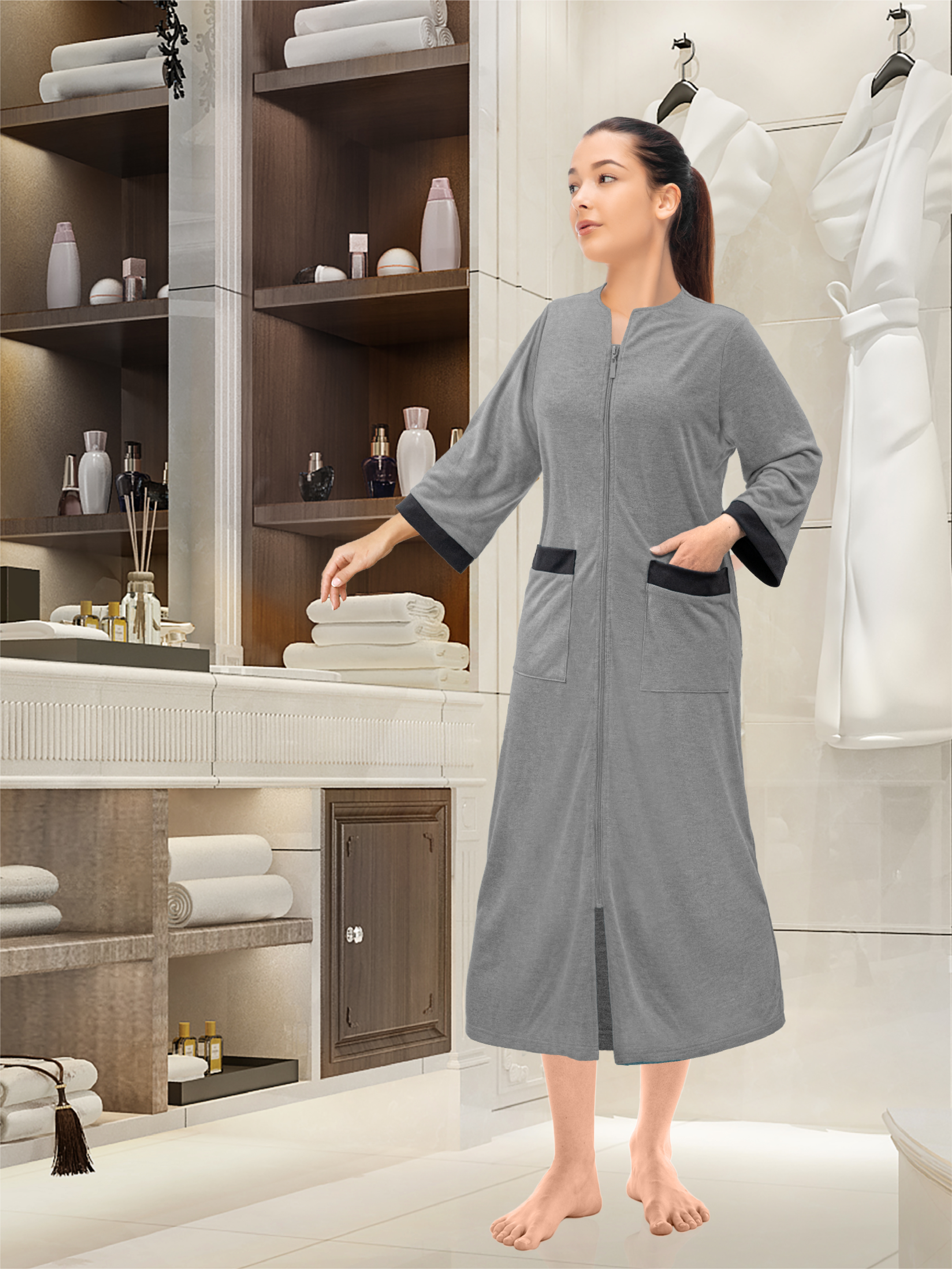 Mujeres Cremallera Abrigo Tumbona Cremallera Damas Bata Ligero Casa Abrigo Vestido - Imagen 13 de 40