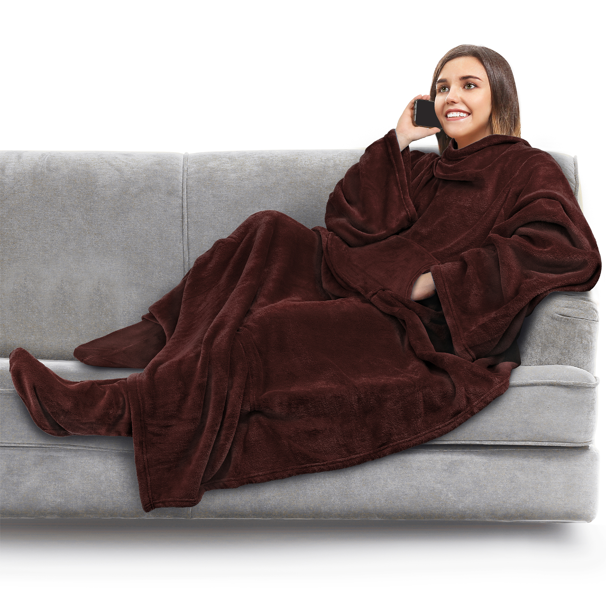 Tragbare Decke mit Fußtasche Ärmel Weich Fleece Wickel Sofa Couch TV Geschenke - Bild 14 von 192
