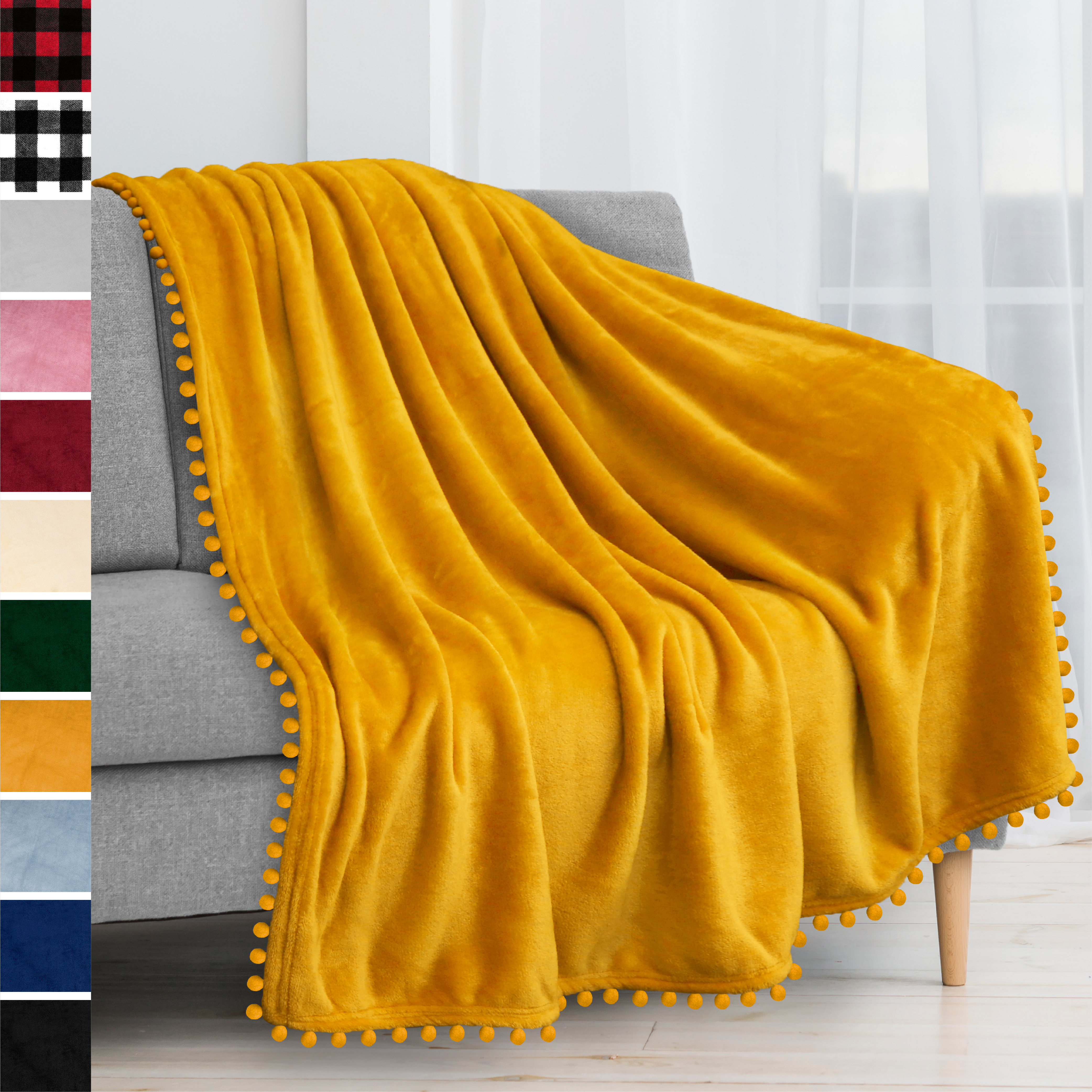 thumbnail 78 - Fleece Throw Blanket with Pom Pom Fringe Super Soft Lightweight Bed Couch Home