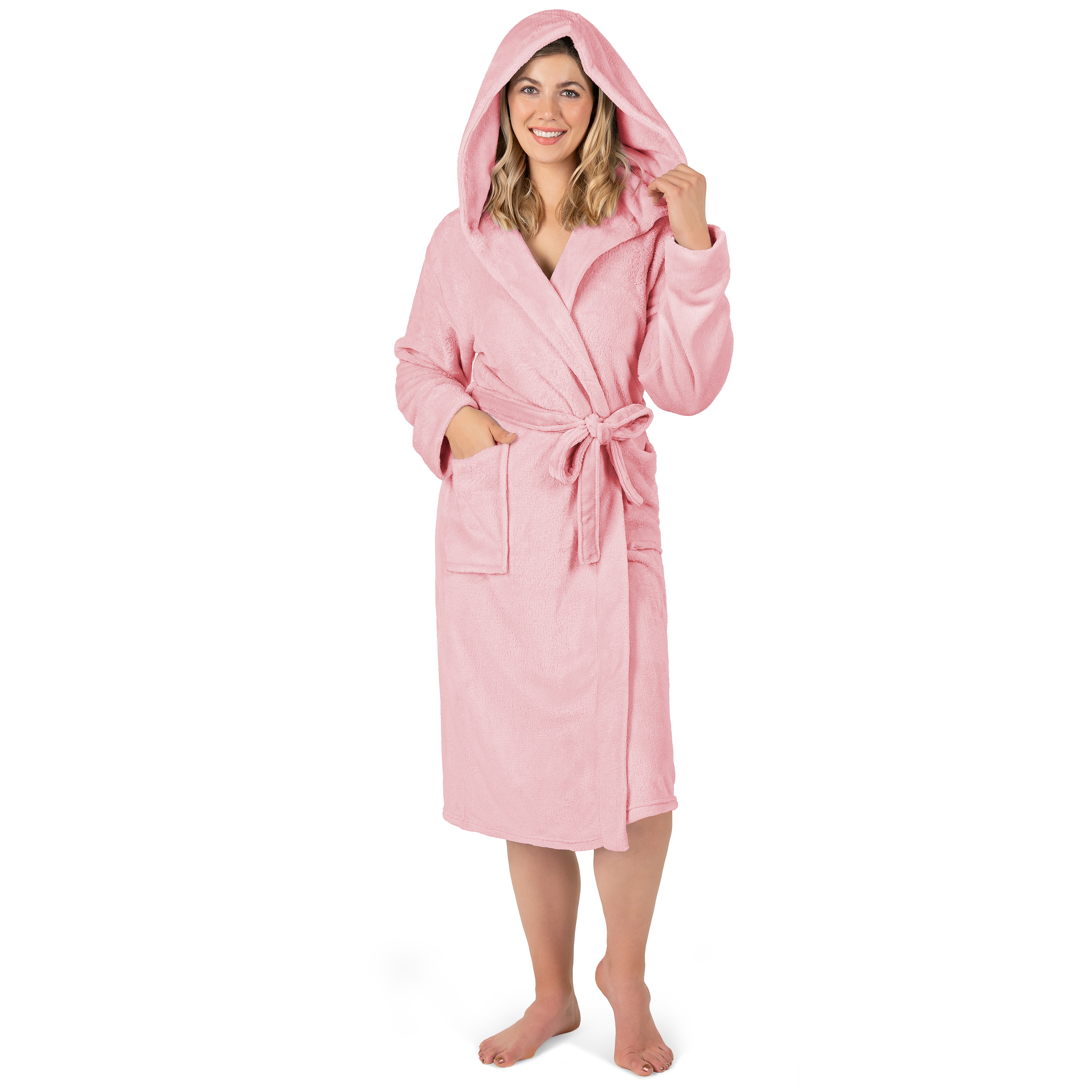 Womens Robe with Hood Fleece Plush Soft Long Hooded Robe Bathrobe for Spa Bath