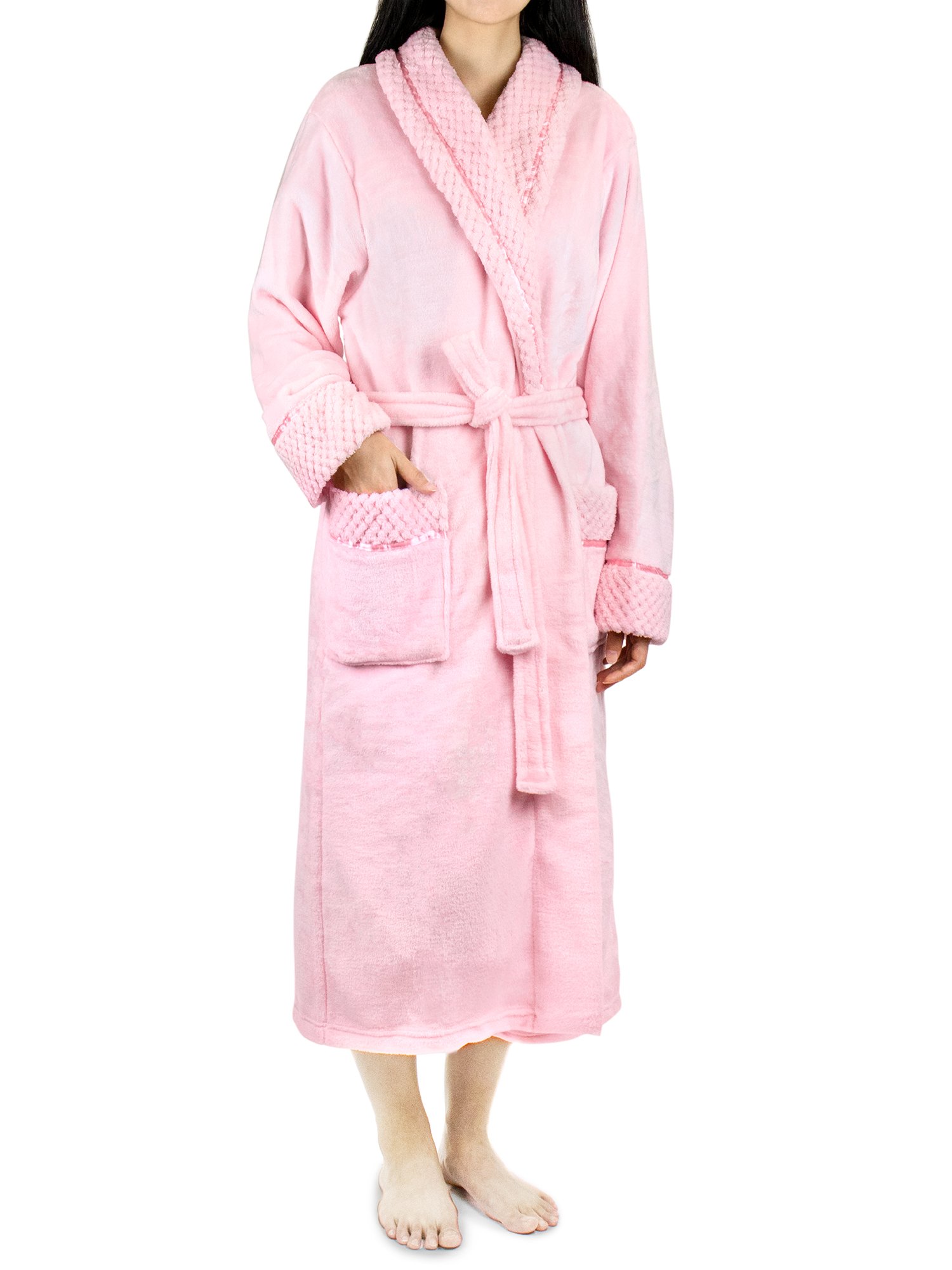 Womens Fleece Robe with Waffle Trim Plush Soft Warm Long Spa Night Bathrobe Lady