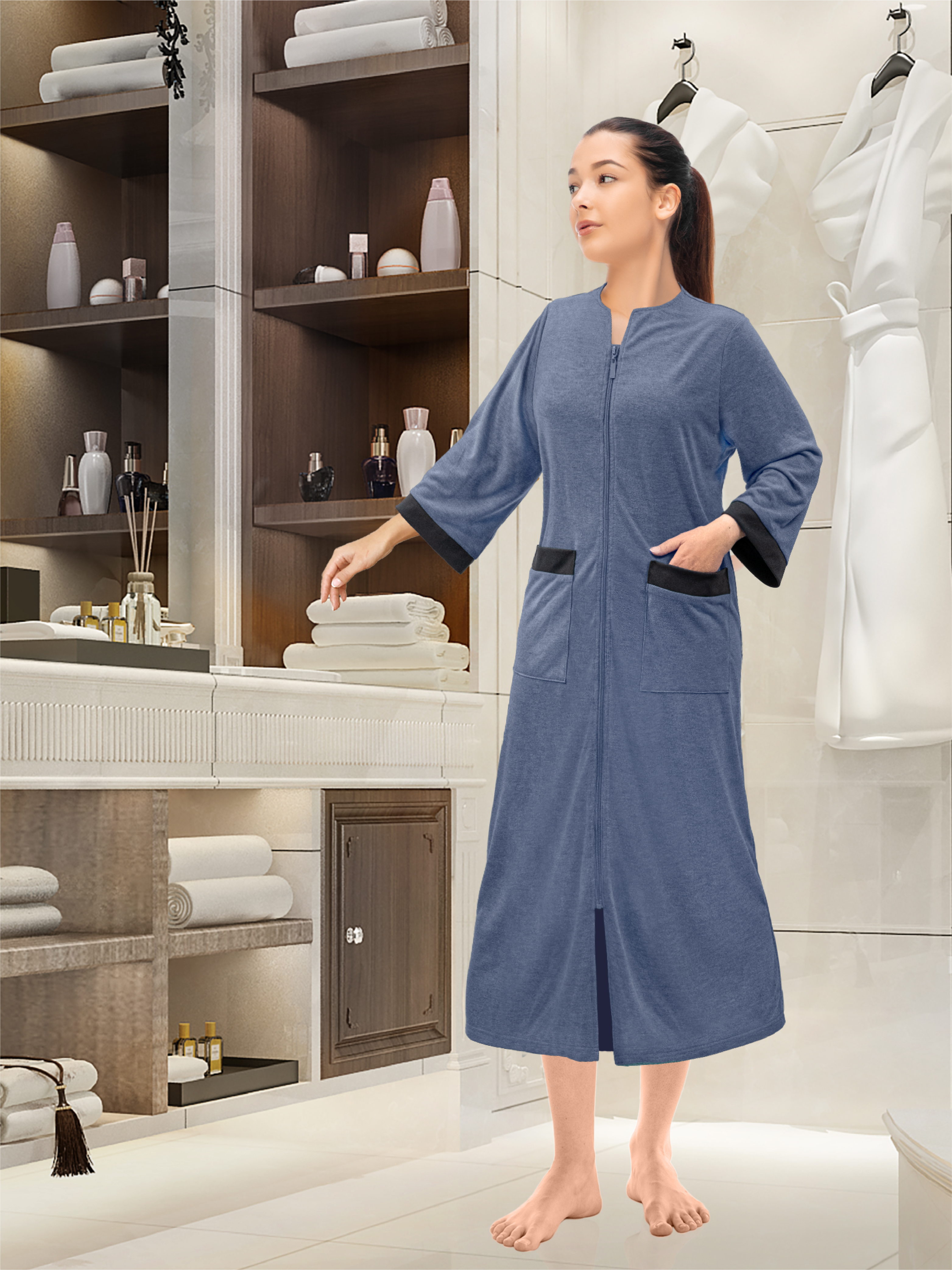Mujeres Cremallera Abrigo Tumbona Cremallera Damas Bata Ligero Casa Abrigo Vestido - Imagen 21 de 40