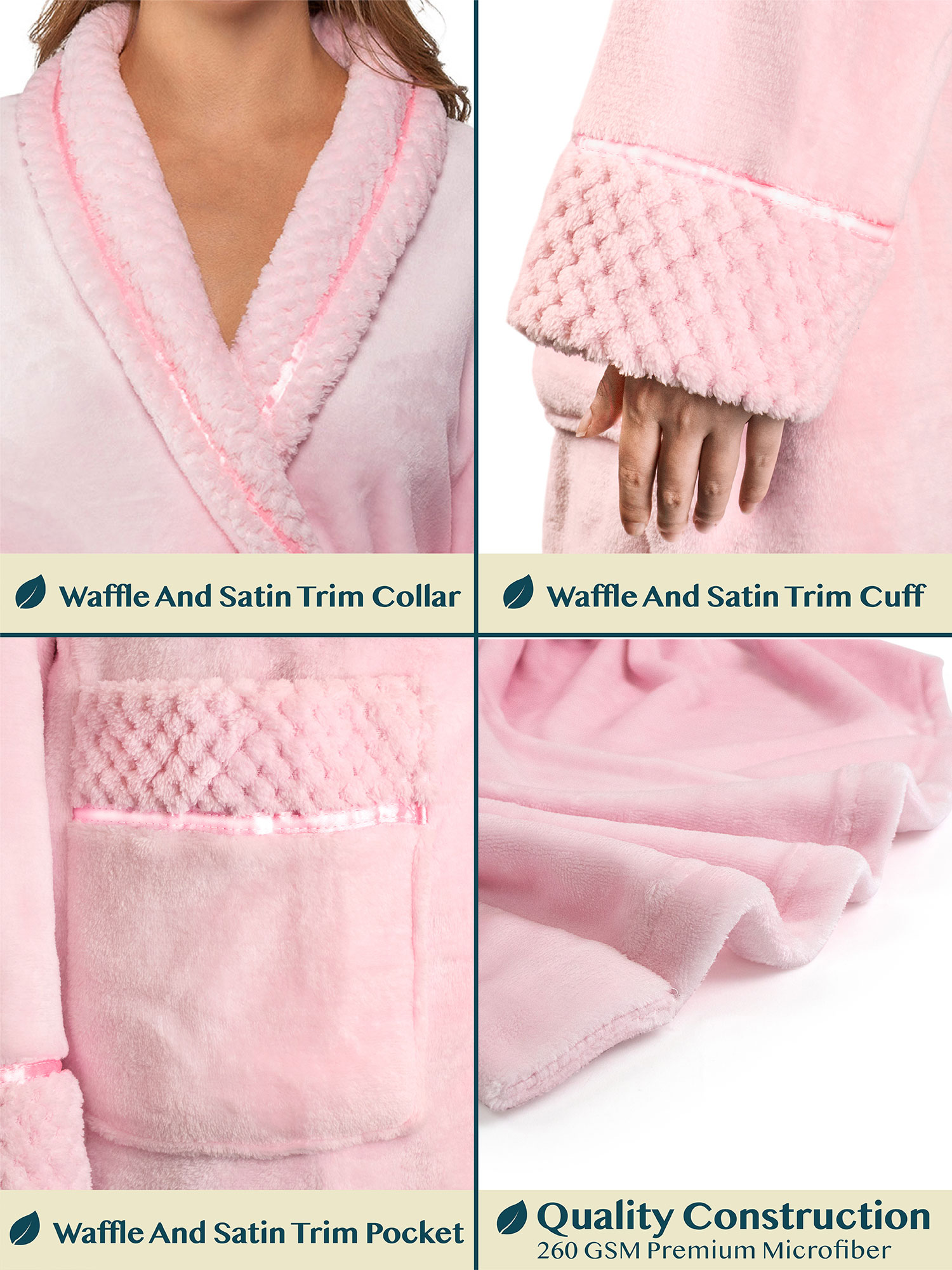 Womens Fleece Robe with Waffle Trim Plush Soft Warm Long Spa Night Bathrobe Lady