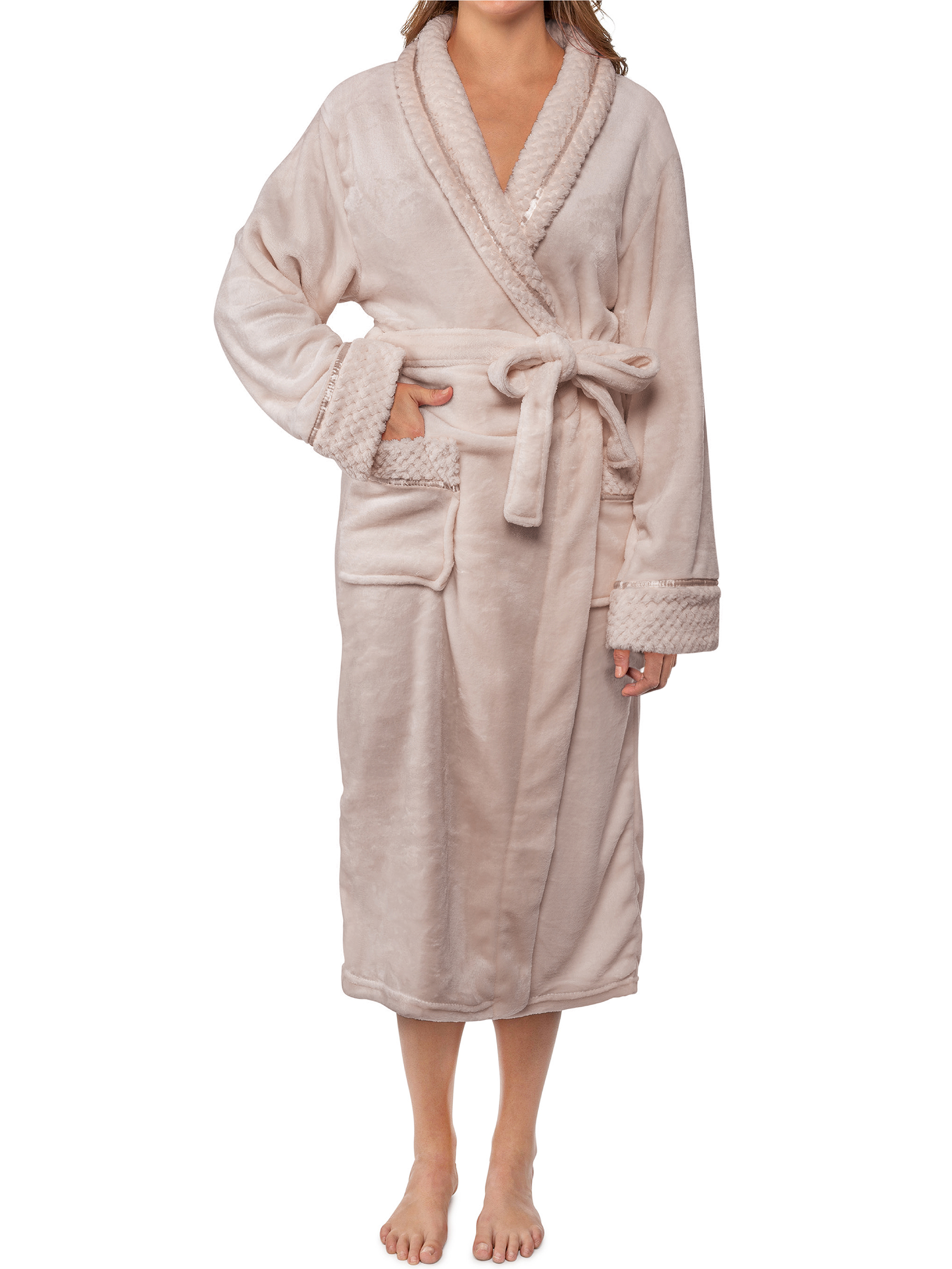 Womens Fleece Robe with Waffle Trim Plush Soft Warm Long Spa Night Bathrobe Lady