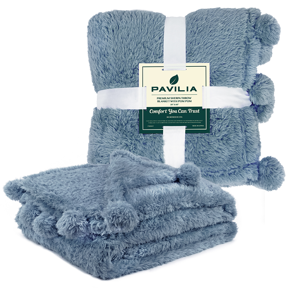 Soft Fuzzy Cozy Pom Pom Throw Blanket with Fluffy Sherpa Fleece for Sofa Couch - Picture 29 of 100
