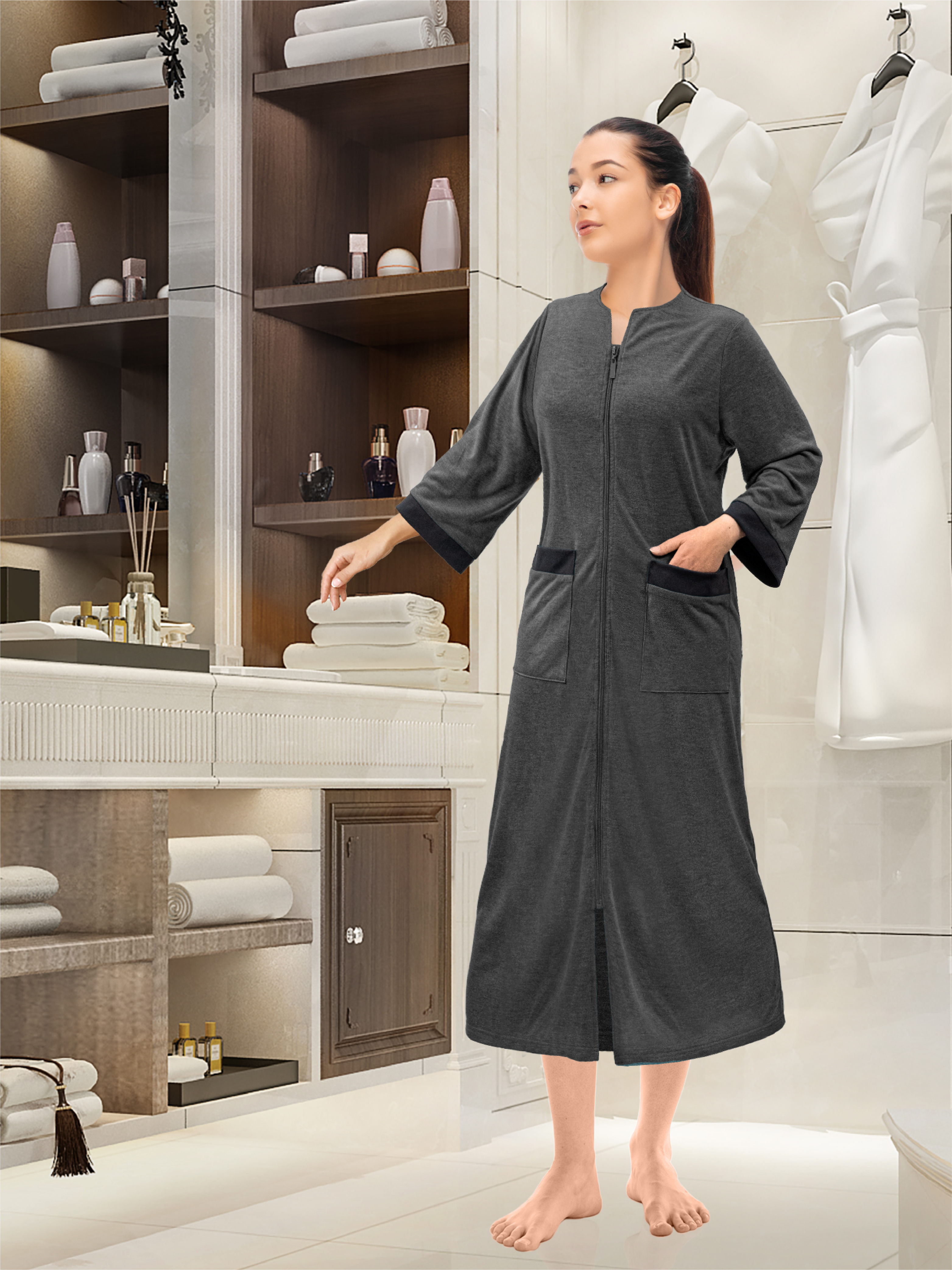 Mujeres Cremallera Abrigo Tumbona Cremallera Damas Bata Ligero Casa Abrigo Vestido - Imagen 6 de 40