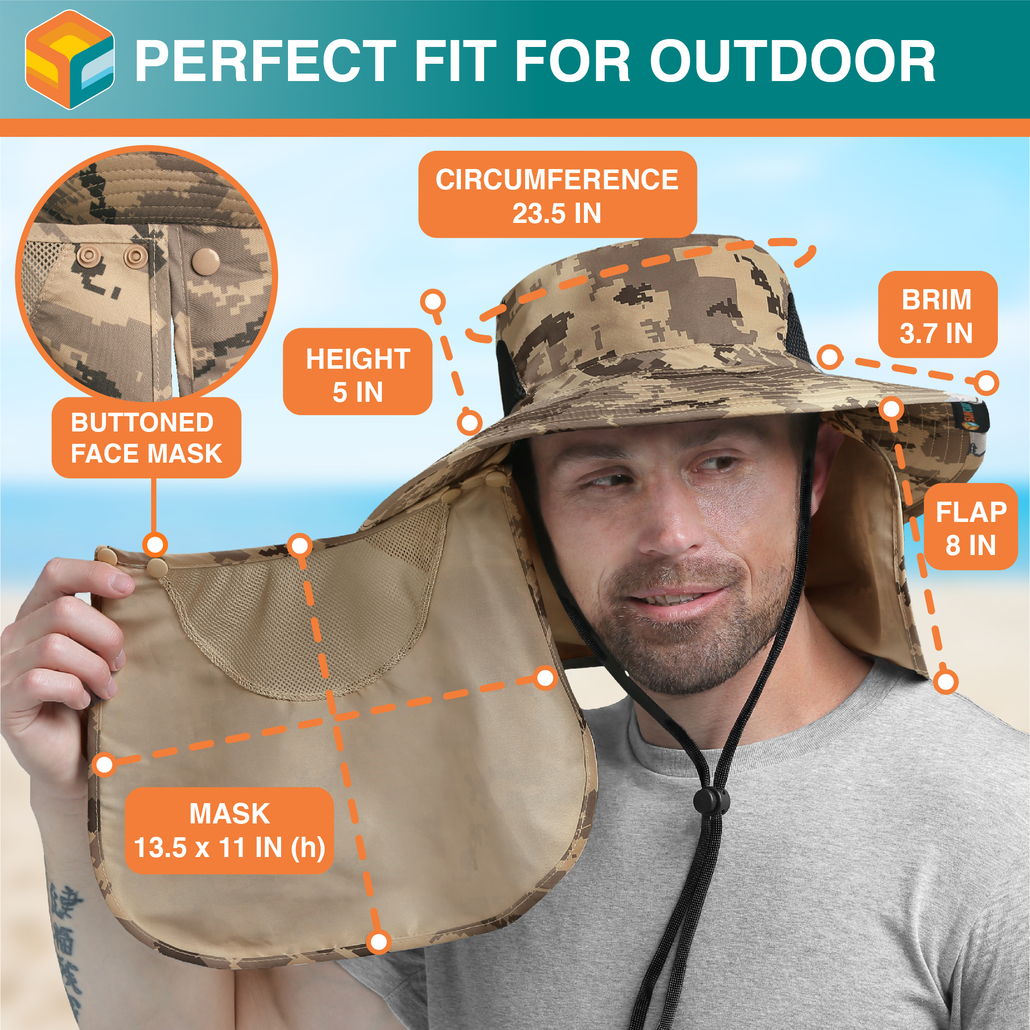 Men Women UV Protection Sun Hats Neck Face Flap Cap Wide Brim Fishing Bucket Hat - Picture 14 of 48