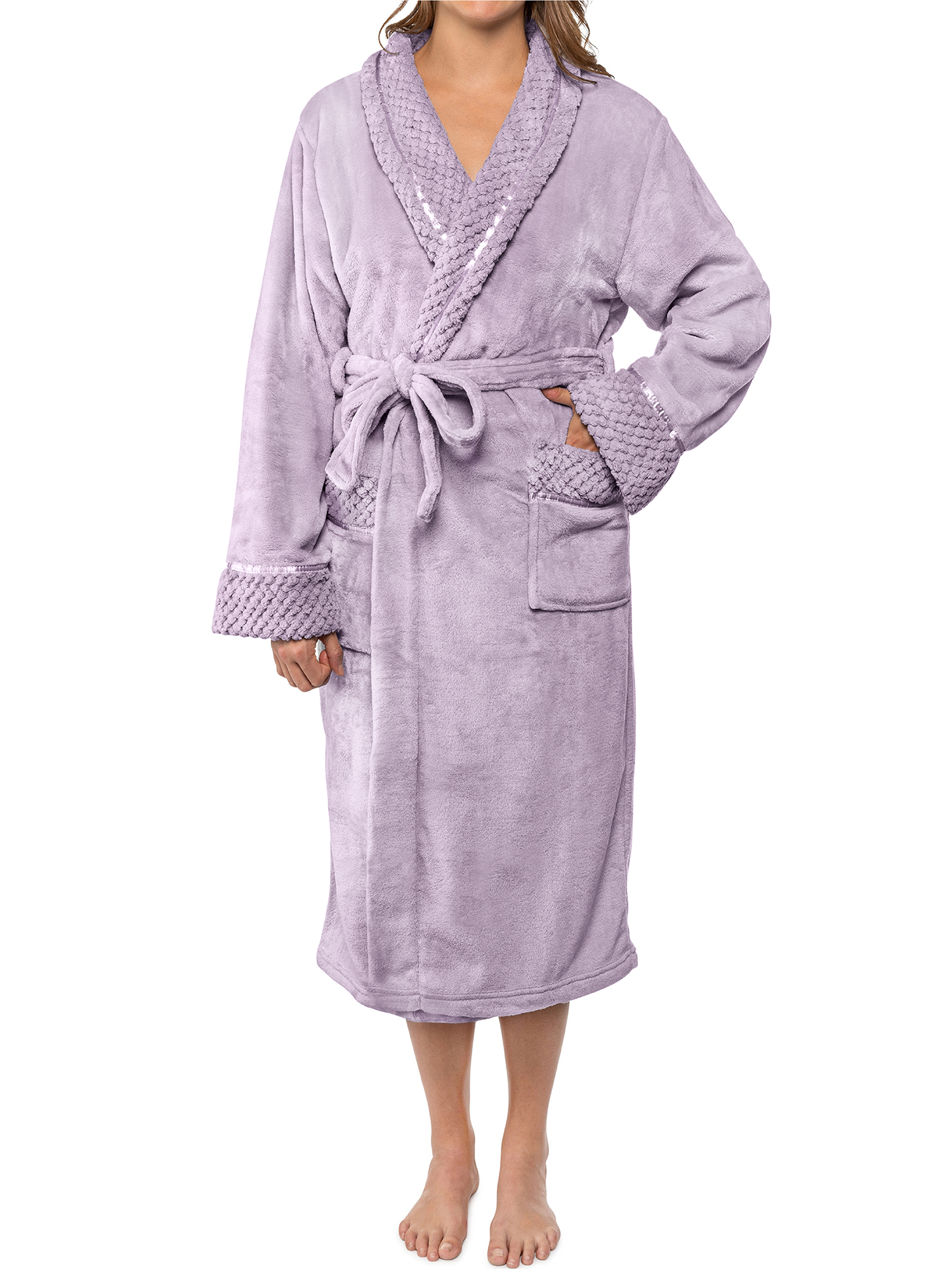 Womens Fleece Robe with Waffle Trim Plush Soft Warm Long Spa Night Bathrobe Lady