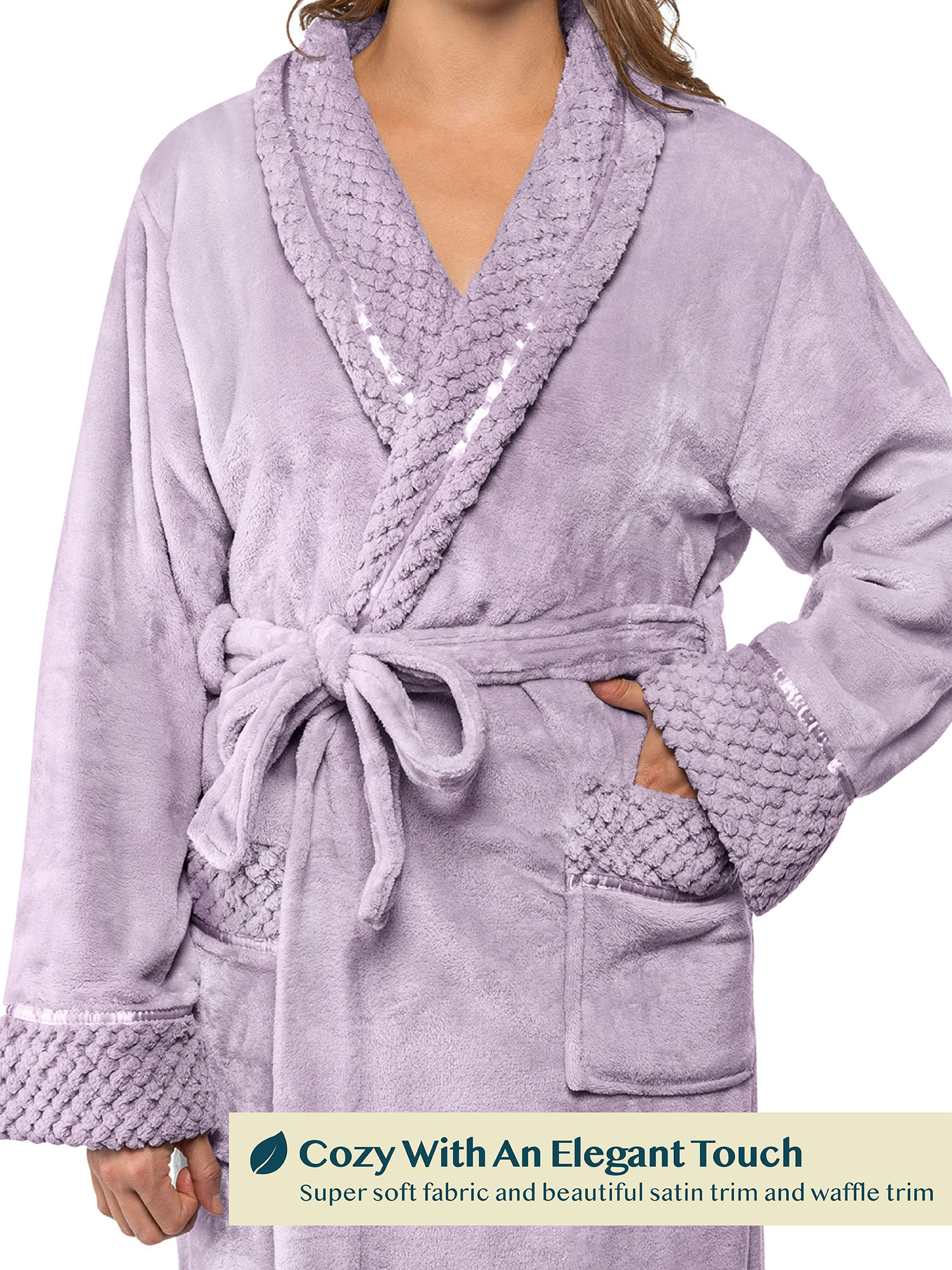 Womens Fleece Robe with Waffle Trim Plush Soft Warm Long Spa Night Bathrobe Lady