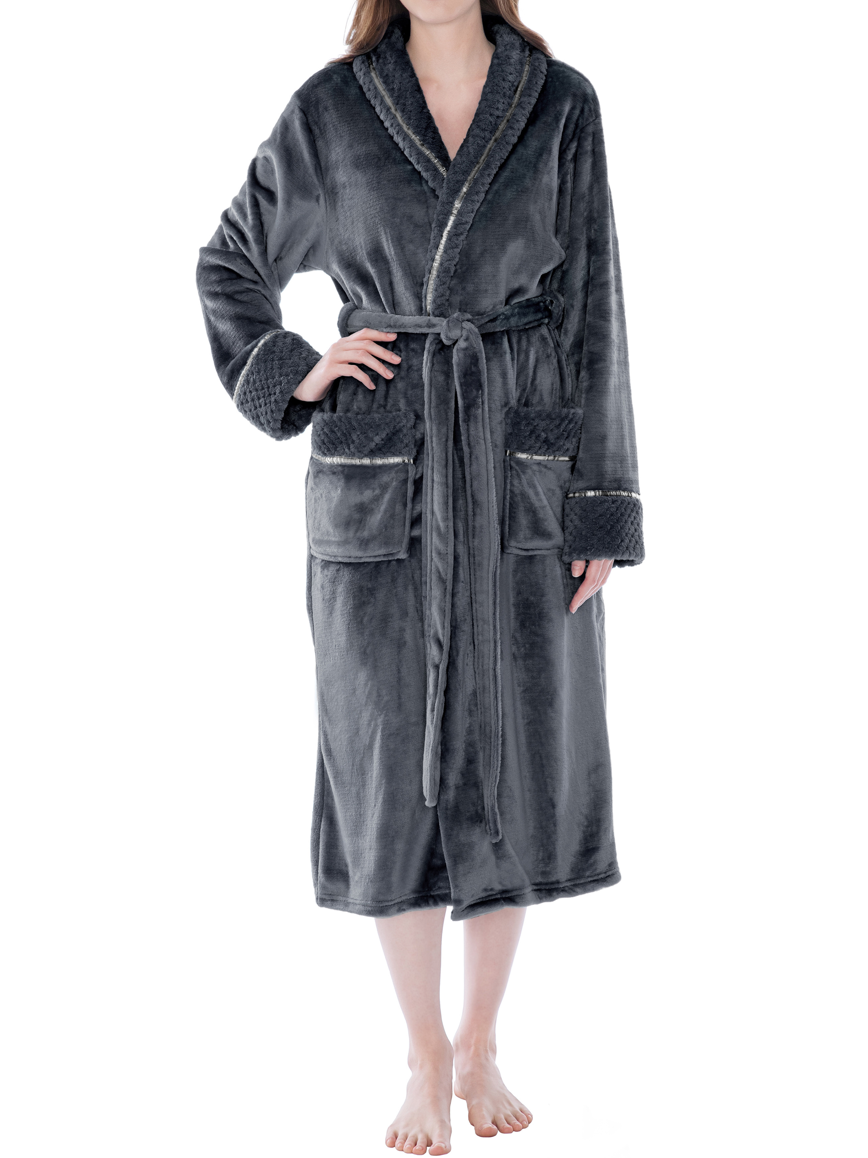 Womens Fleece Robe with Waffle Trim Plush Soft Warm Long Spa Night Bathrobe Lady