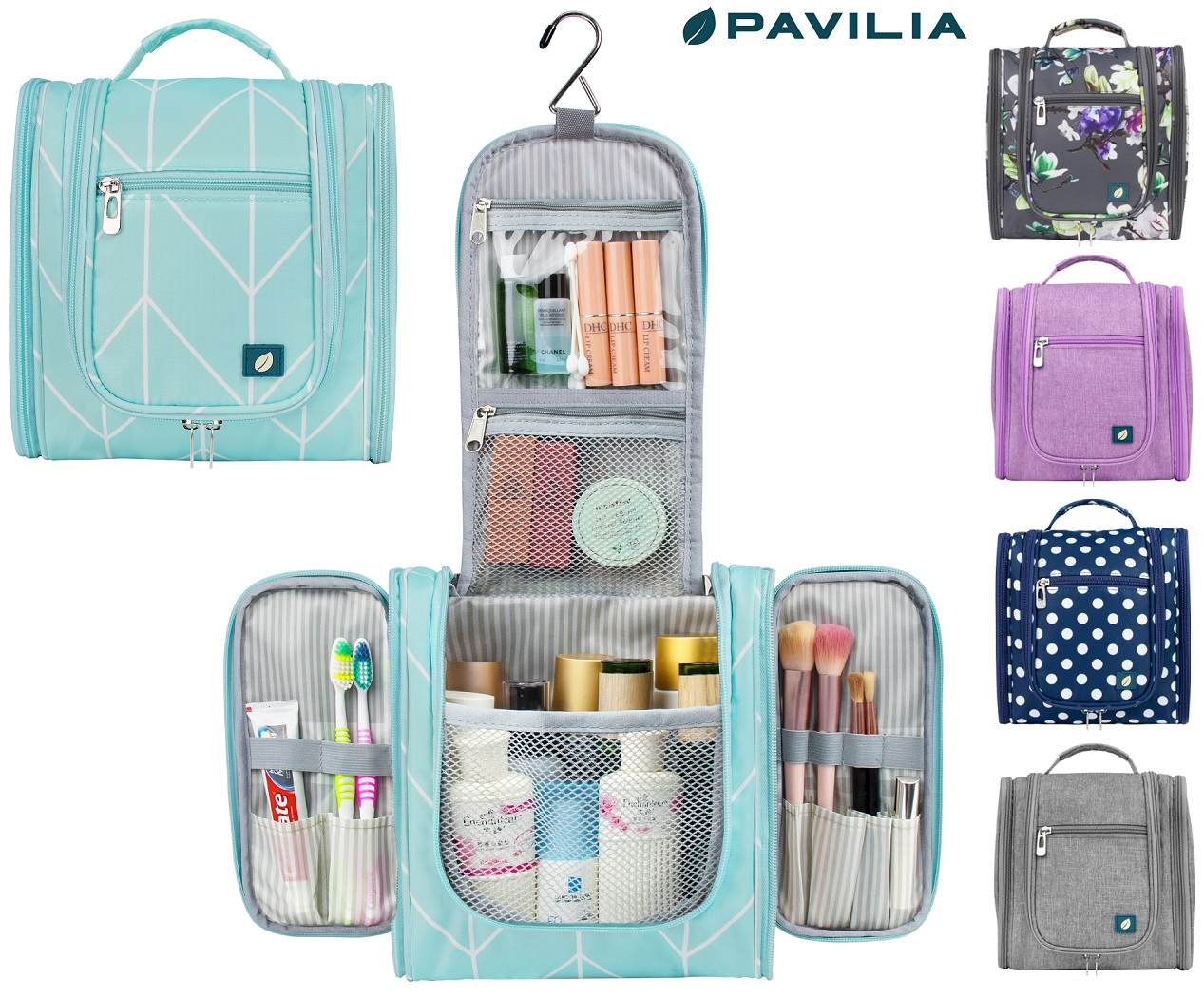 PAVILIA Hanging Toiletry Bag for Women Men, Travel Toiletry Bag Organizer for Toiletries, Cosmetics, Makeup Bag with Mesh, Water Resistant Pockets (
