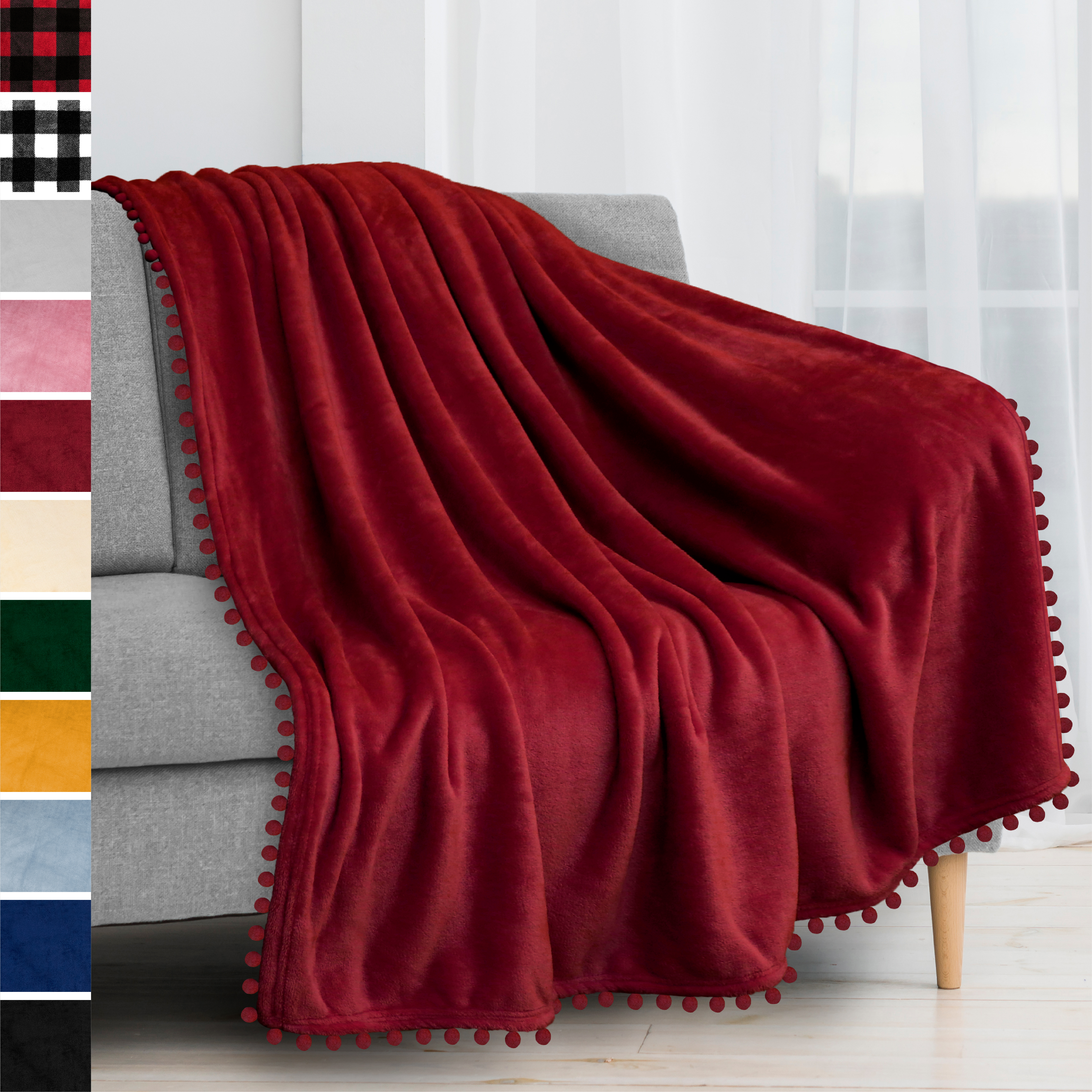 thumbnail 116 - Fleece Throw Blanket with Pom Pom Fringe Super Soft Lightweight Bed Couch Home