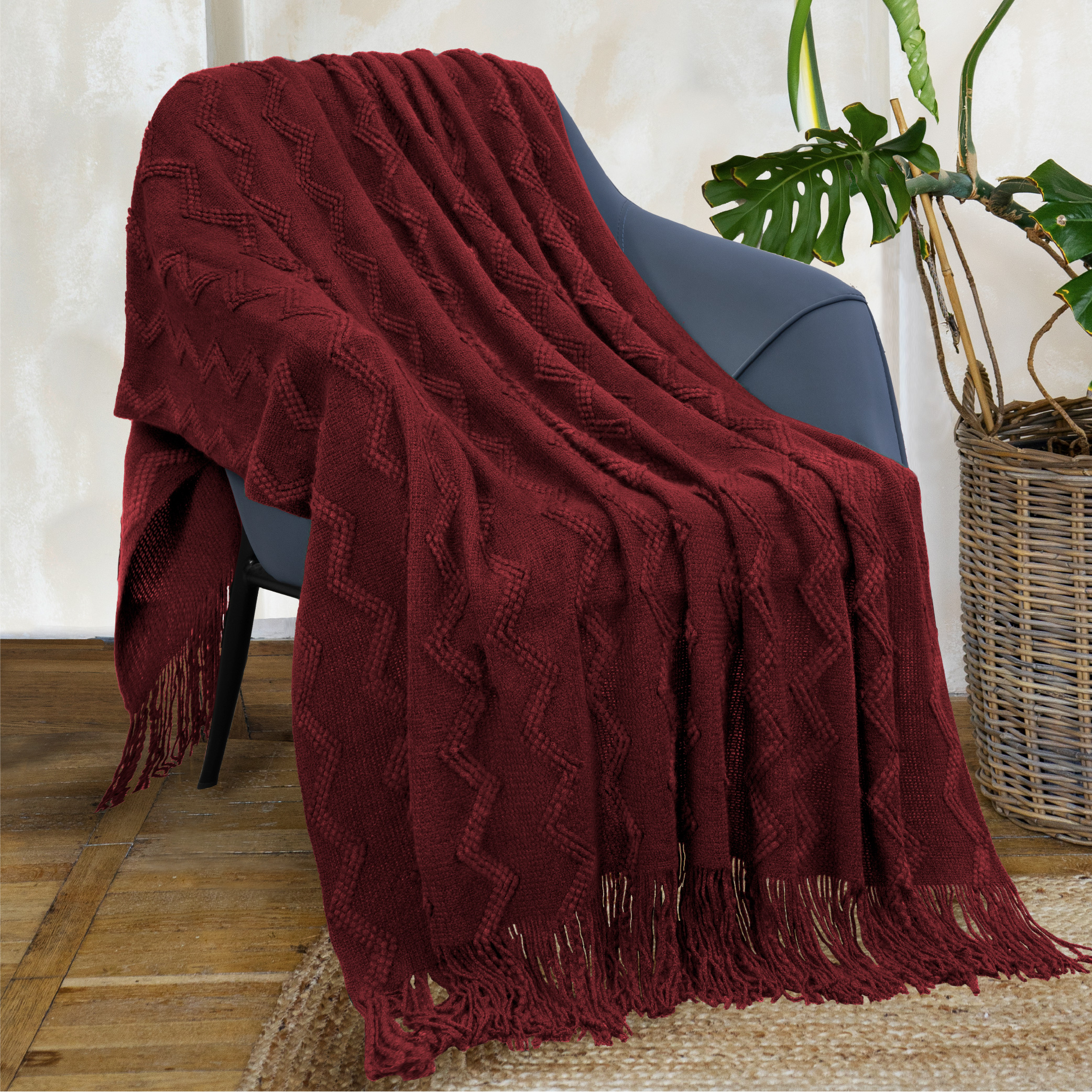 Textured Knitted Fringe Throw Blanket Decorative for Couch Sofa Bed Lightweight - Picture 139 of 142