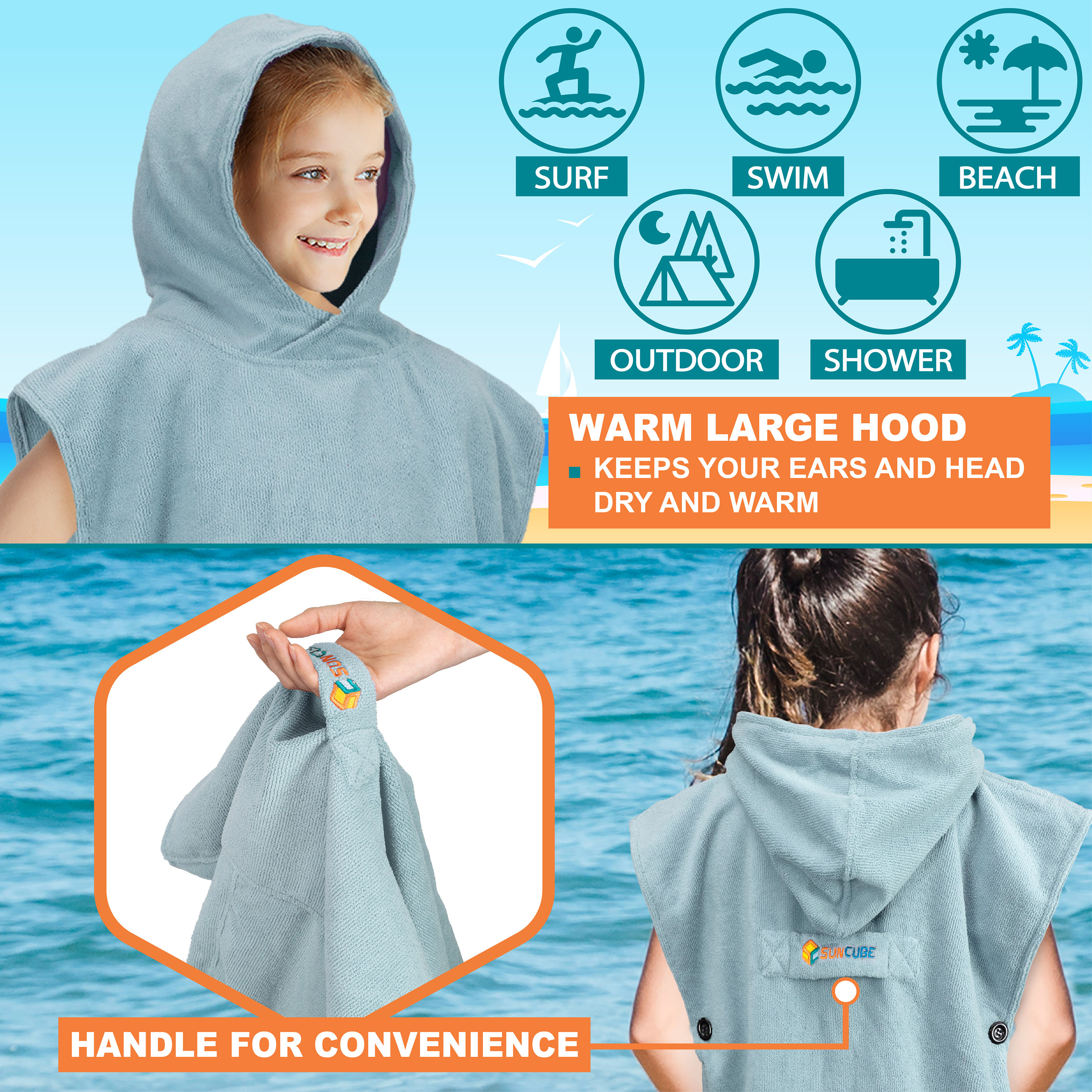 Kids Swim Poncho Hooded Towel Changing Robe for Swim Bath Towel 3-8 Boys Girls - Picture 32 of 71