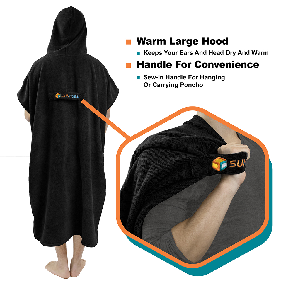 Thick Microfiber Surf Poncho Wetsuit Changing Robe Towel Black Hooded Bathrobe 