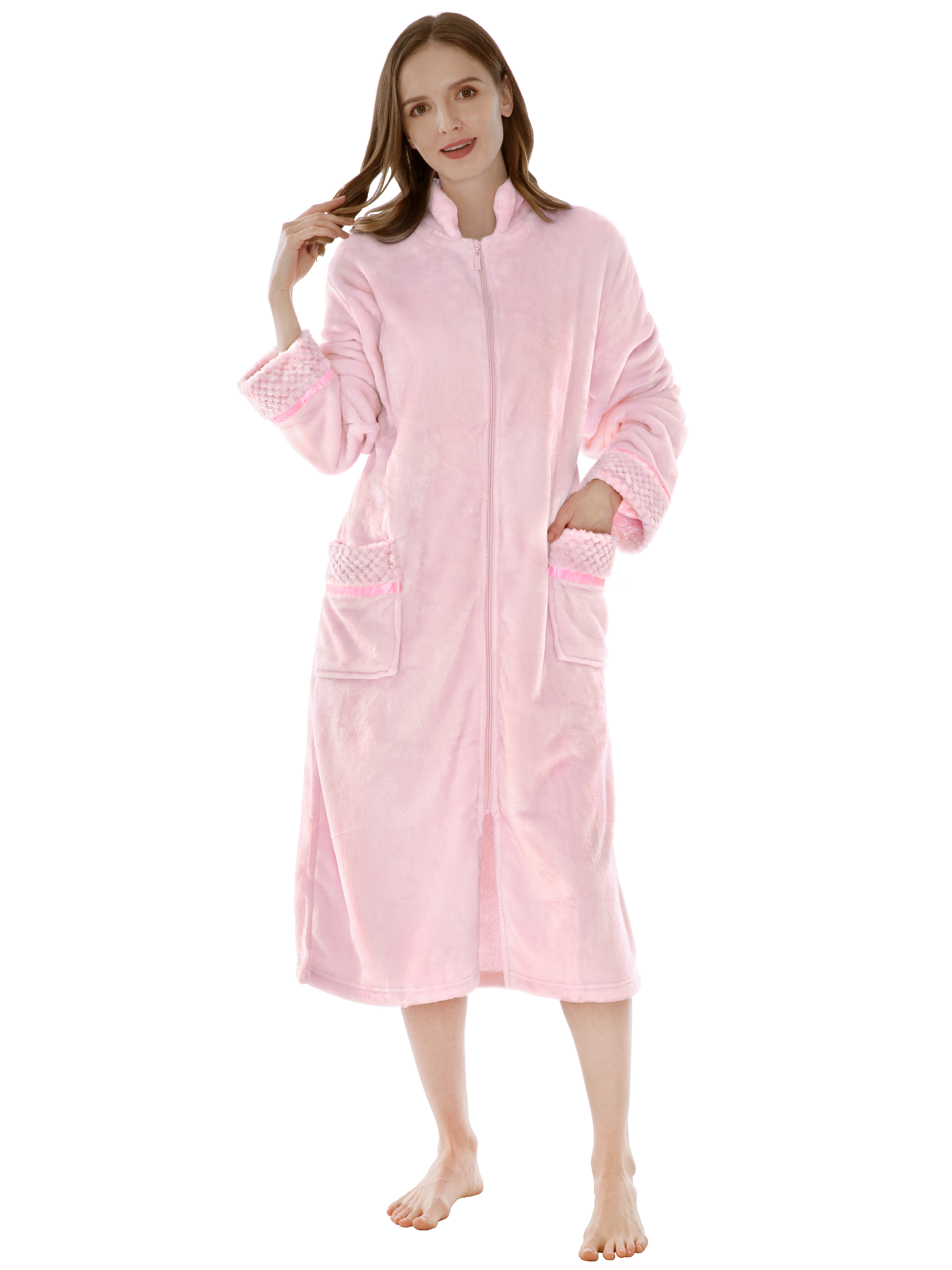 Women Zipper Robe Housecoat Lounger Zip Up Robe Full Length Satin Trim Ladies - Picture 39 of 89