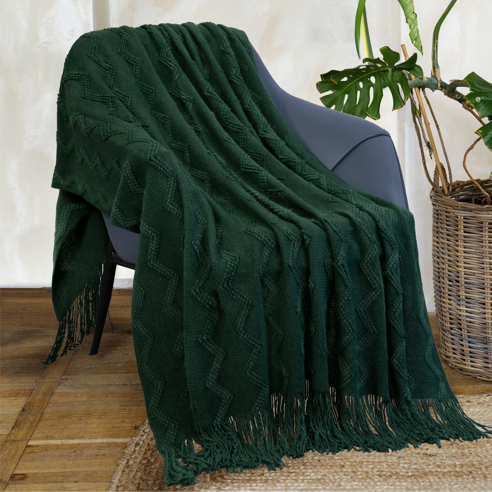 Textured Knitted Fringe Throw Blanket Decorative for Couch Sofa Bed Lightweight - Picture 43 of 142