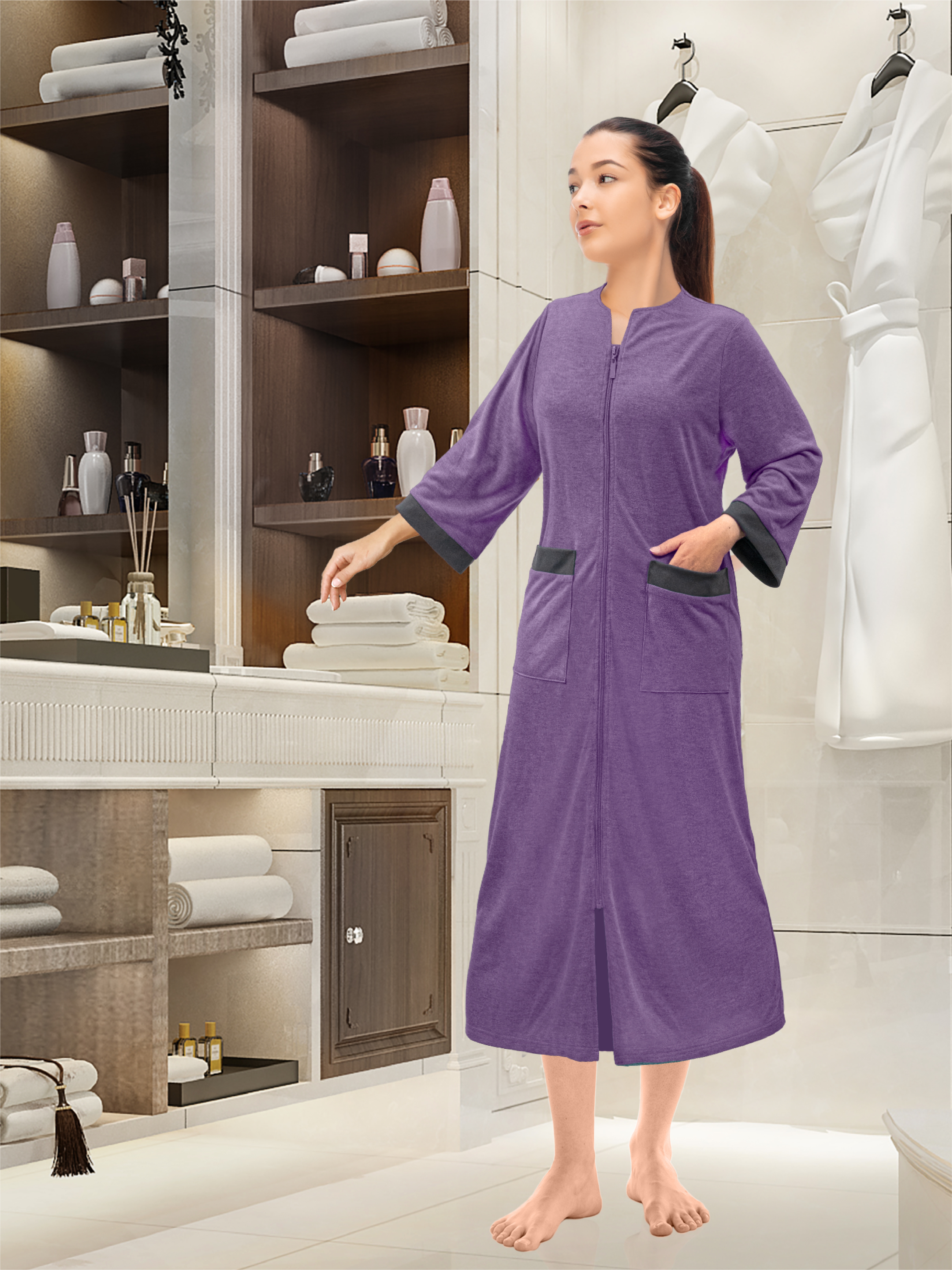 Mujeres Cremallera Abrigo Tumbona Cremallera Damas Bata Ligero Casa Abrigo Vestido - Imagen 37 de 40