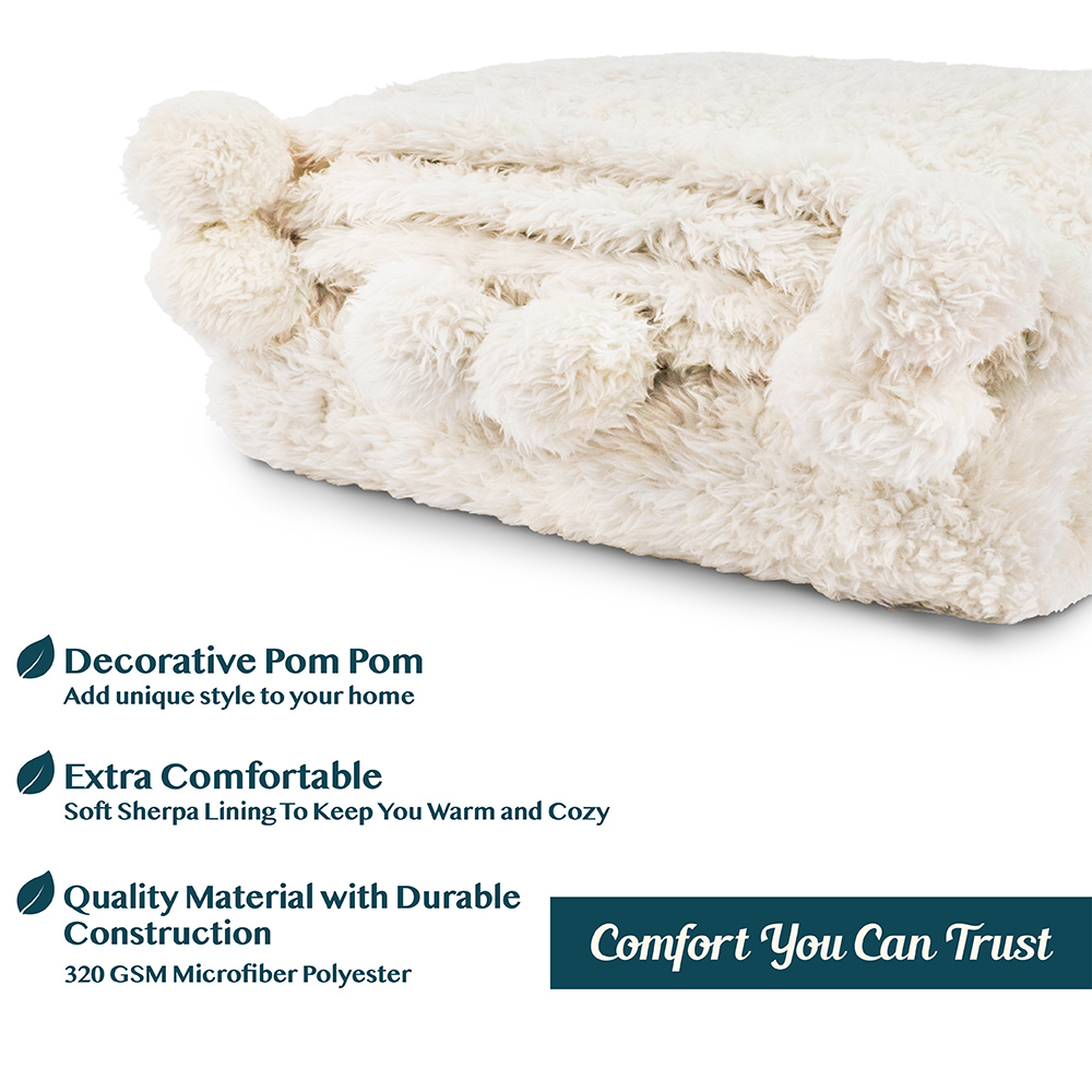 Soft Fuzzy Cozy Pom Pom Throw Blanket with Fluffy Sherpa Fleece for Sofa Couch - Picture 17 of 100