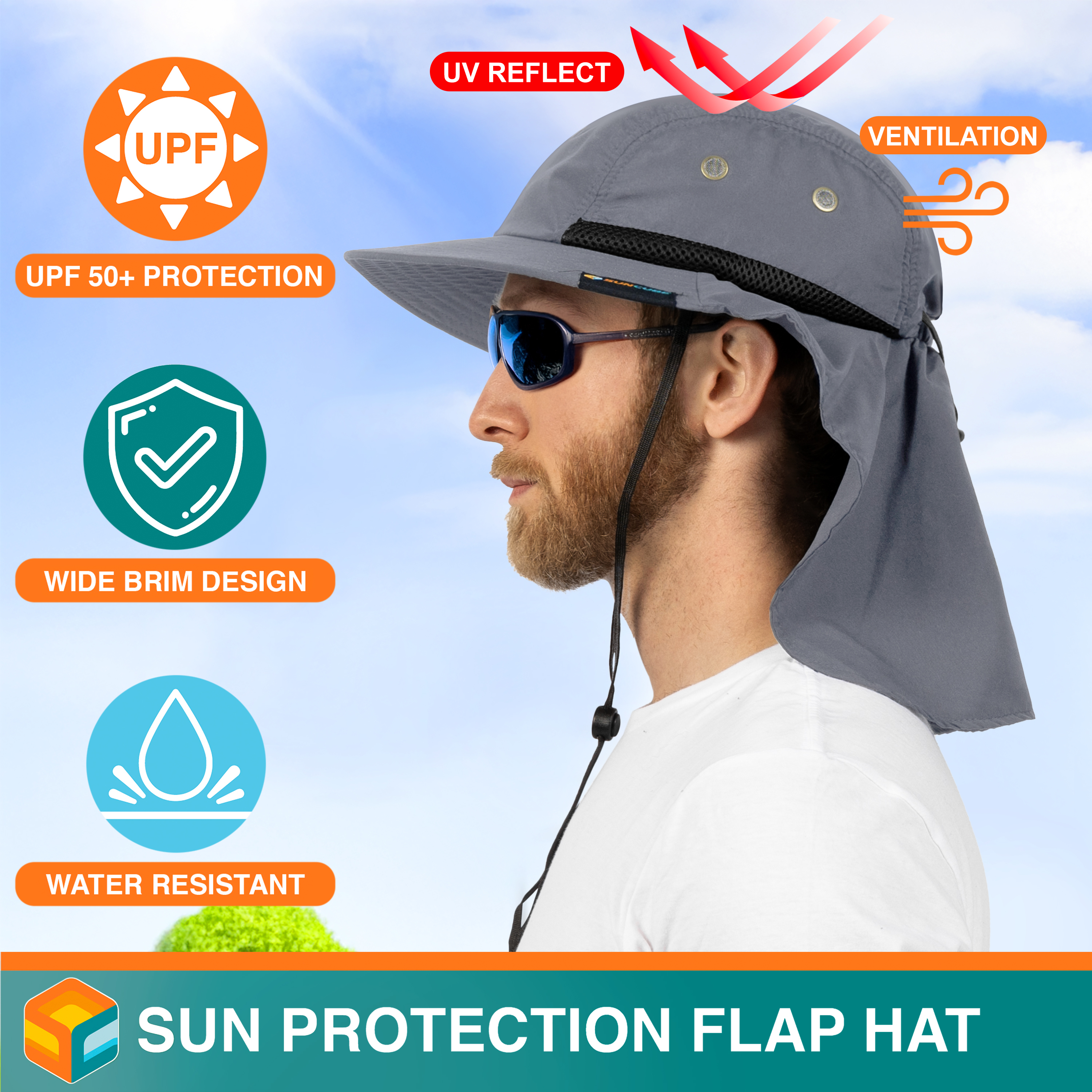 Suncube Sun Hat With Neck Flap Cover | UPF 50 Wide Brim Chin Tan