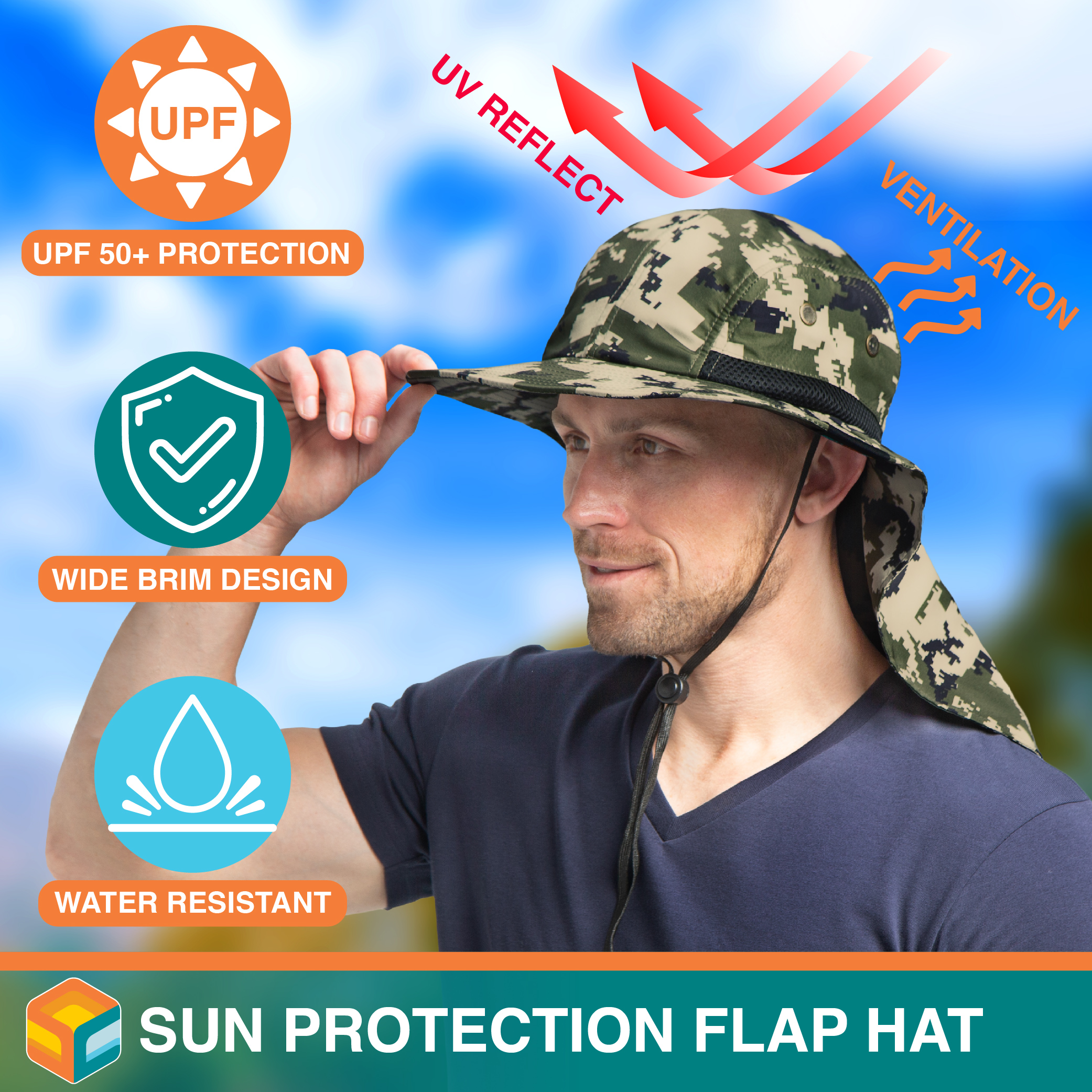 SUN CUBE Mens Fishing Hat with Neck Flap for Men, Sun Hat with Wide Brim  for