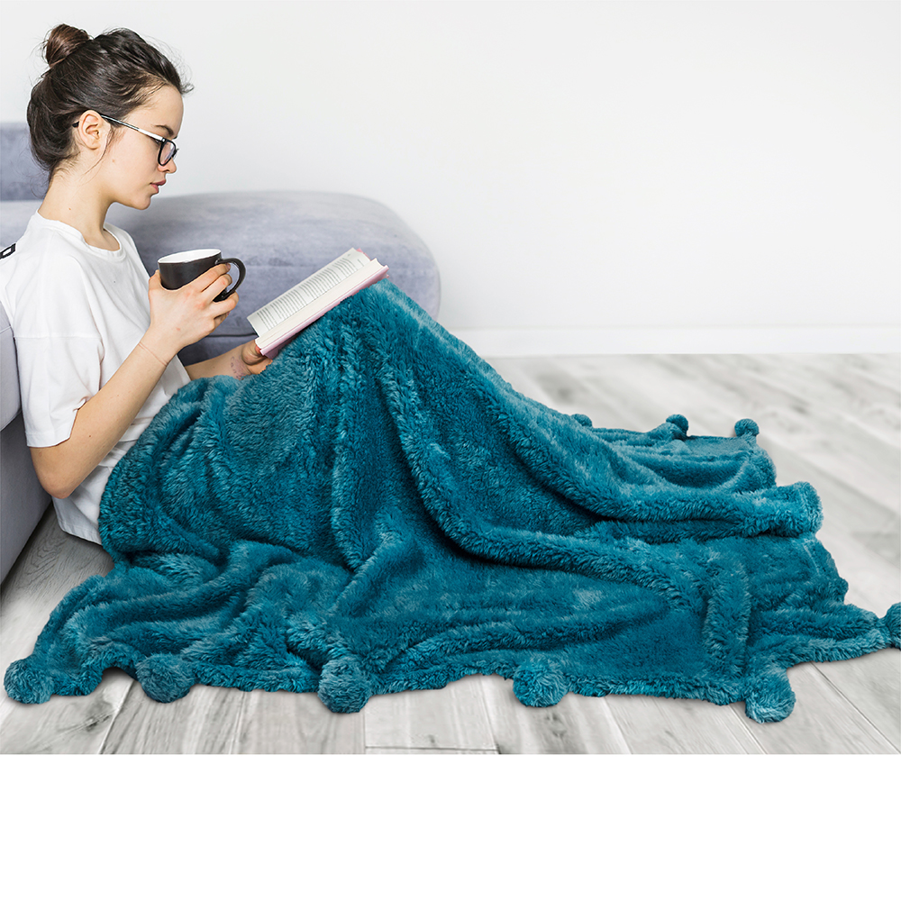 Soft Fuzzy Cozy Pom Pom Throw Blanket with Fluffy Sherpa Fleece for Sofa Couch - Picture 86 of 100