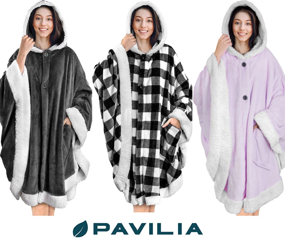 Poncho Wearable Hooded Blanket Wrap Cape With Hood Pockets ...