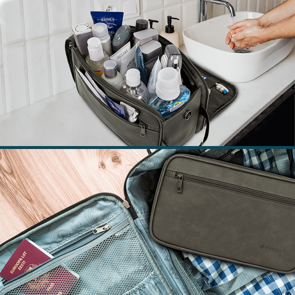 Buy Double Zipper Toiletry Bag Leather Large Dopp Kit Bag Travel