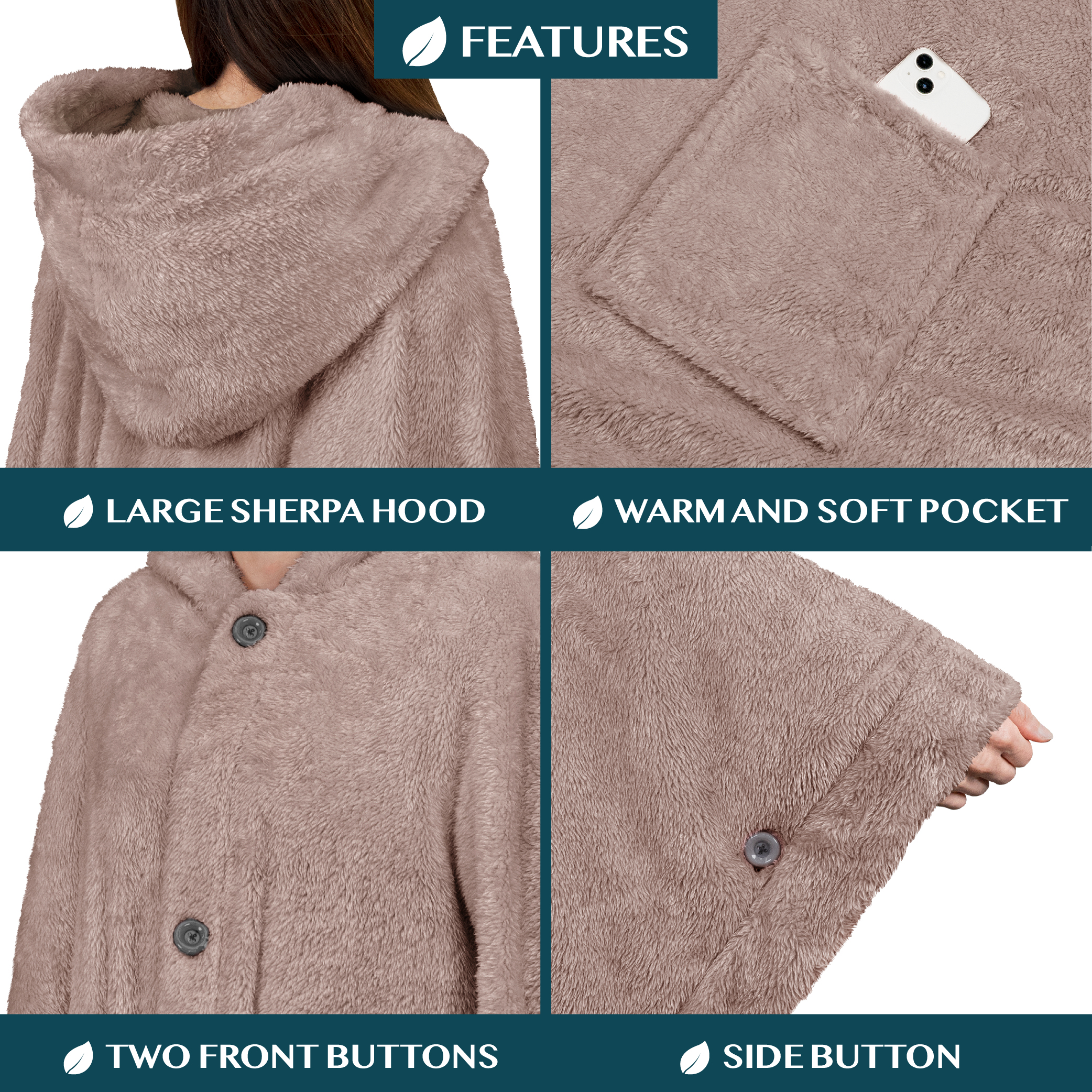 Poncho Manta con Capucha Usable Mantón Envoltura Capucha Bolsillos Suave Esponjoso Regalo - Imagen 70 de 81