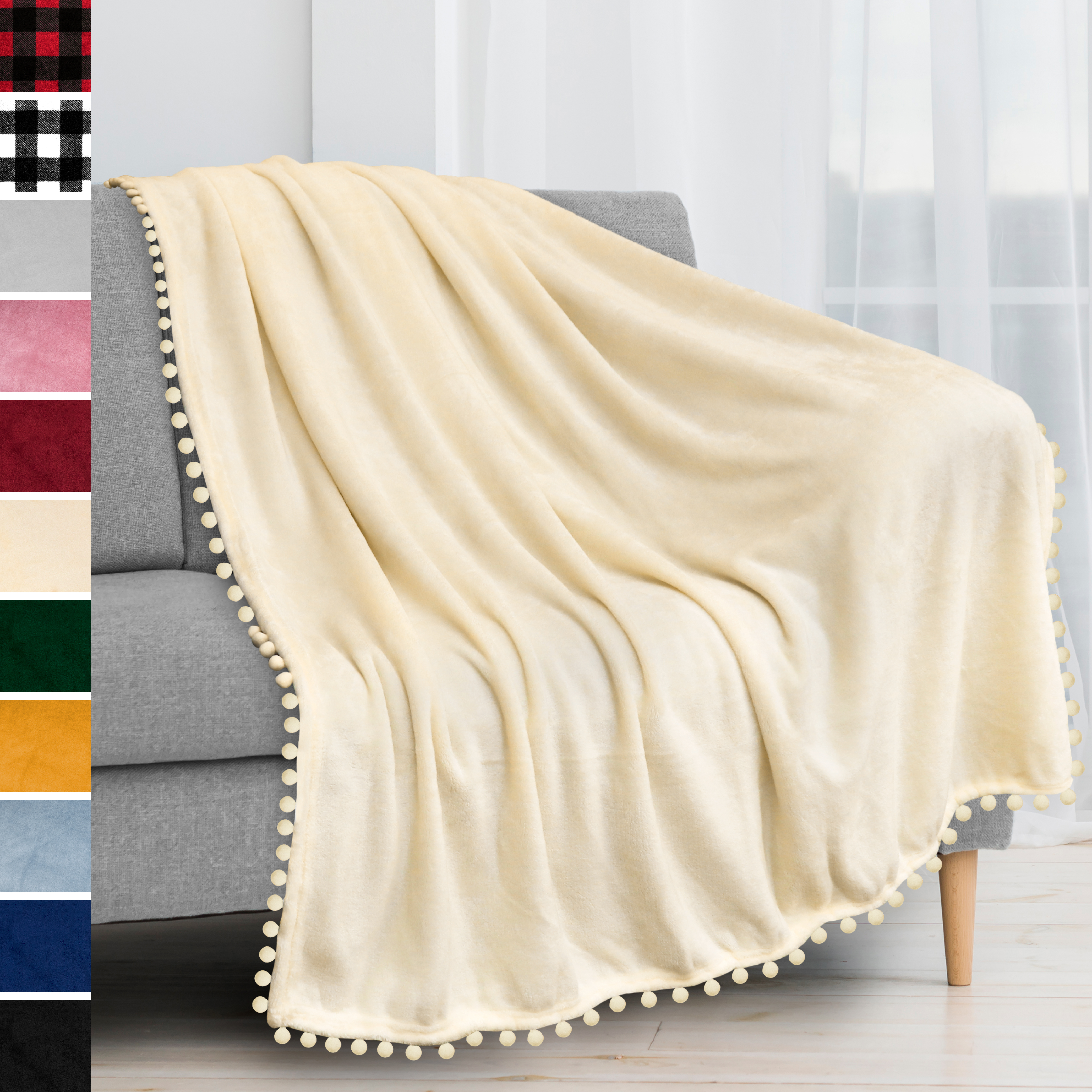 thumbnail 46 - Fleece Throw Blanket with Pom Pom Fringe Super Soft Lightweight Bed Couch Home