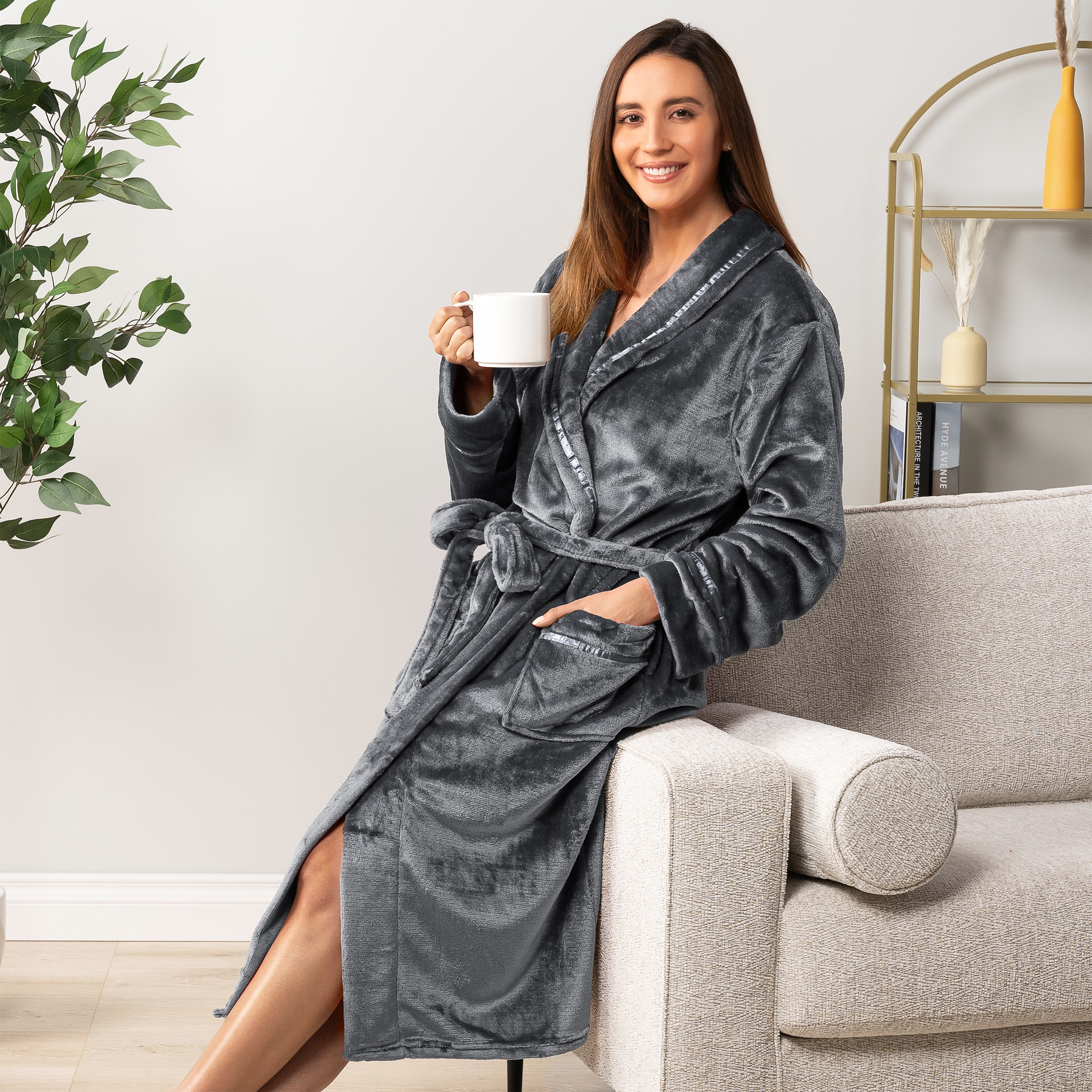 Women Fleece Bath Robe Plush Shawl Collar Spa Robe Soft Microfiber Long ...