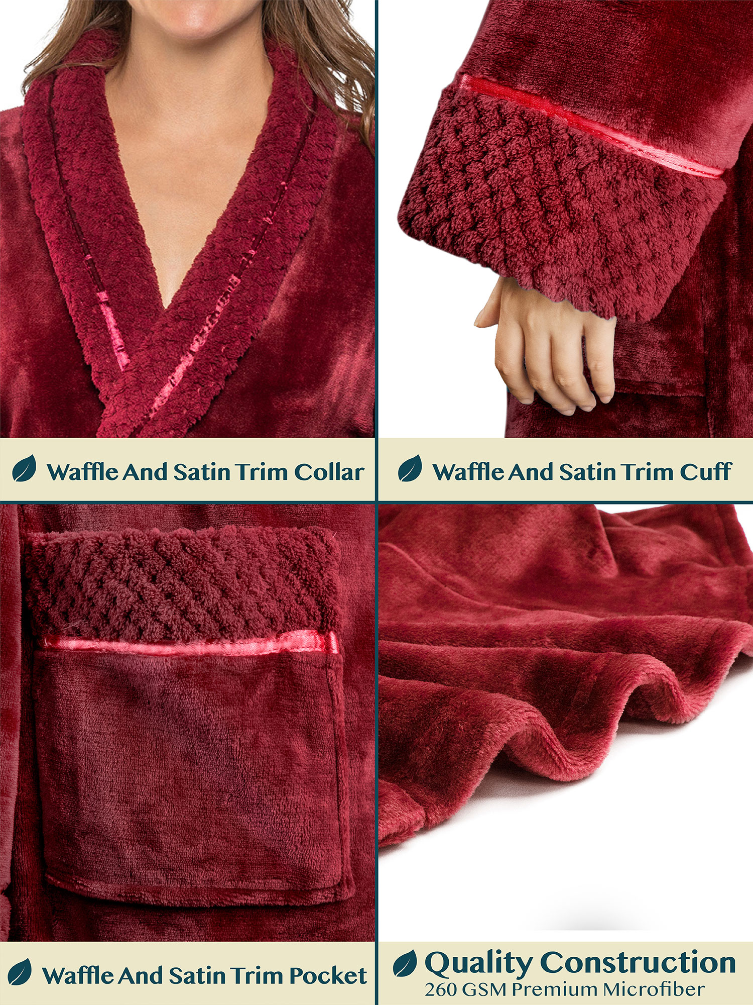 Womens Fleece Robe with Waffle Trim Plush Soft Warm Long Spa Night Bathrobe Lady