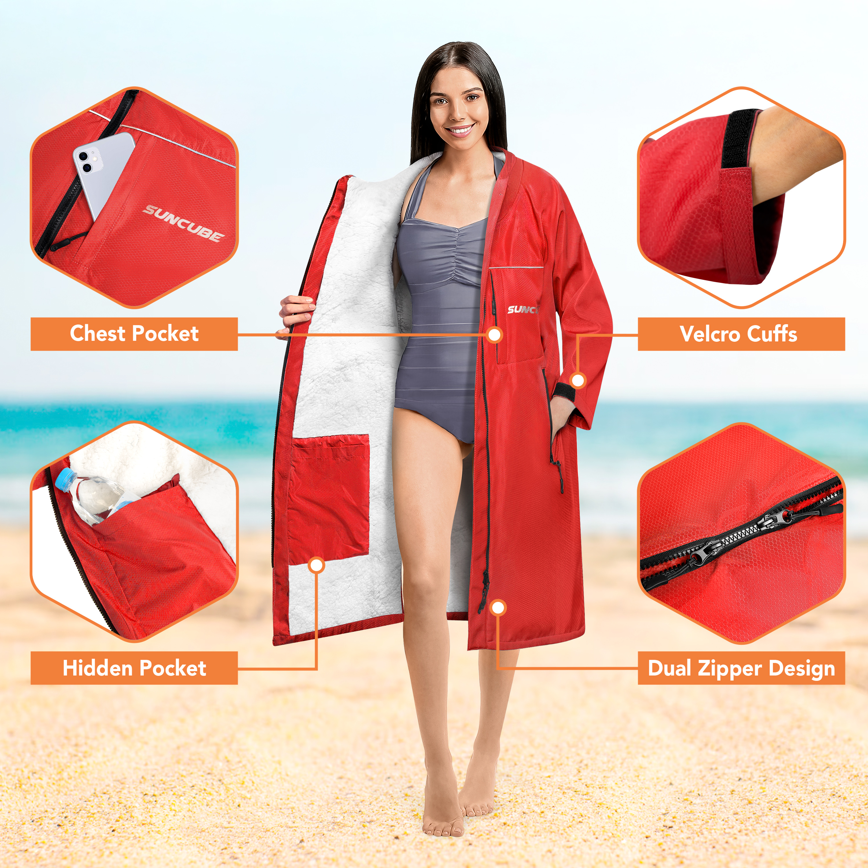 Adult Swim Parka Warm Sherpa Hooded Water Resistant for Swimming Surf Men Women - Picture 26 of 30