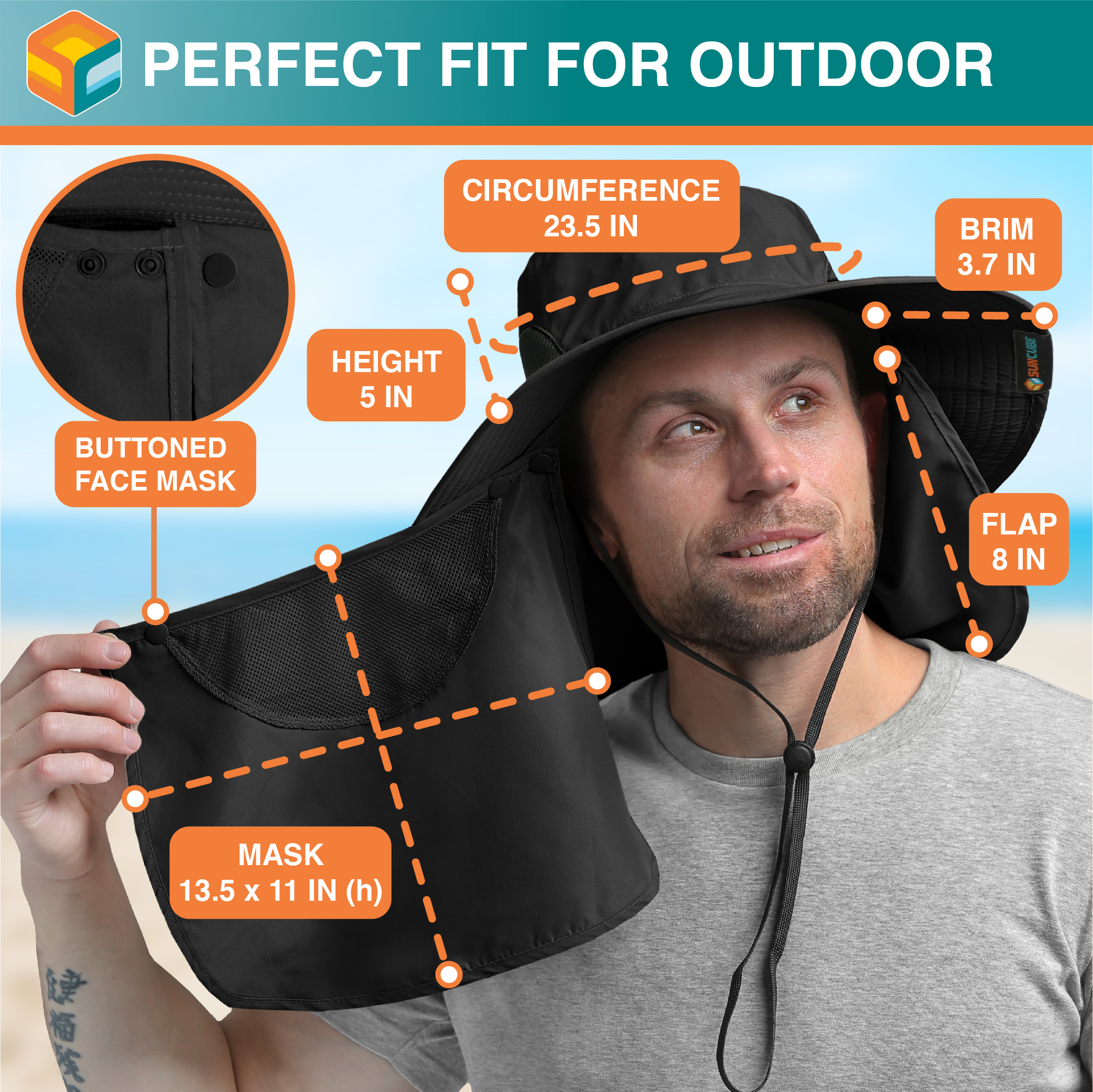 Men Women UV Protection Sun Hats Neck Face Flap Cap Wide Brim Fishing Bucket Hat - Picture 6 of 48