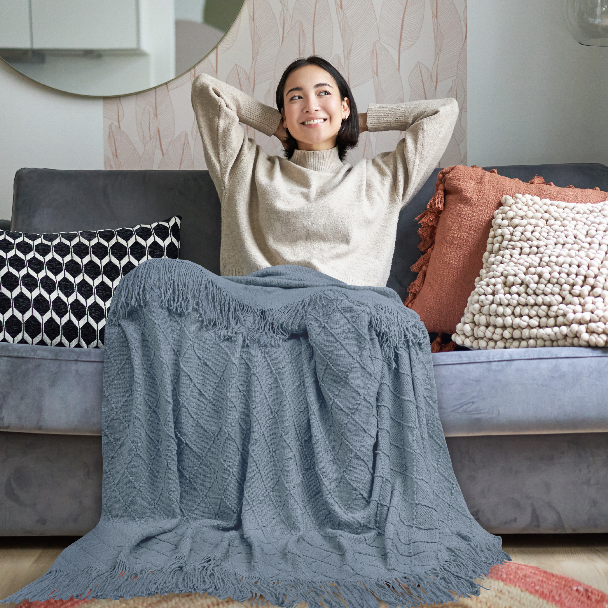 Decorative Fringe Throw Blanket for Couch Bed Sofa Soft Texture Knitted Blanket - Picture 51 of 64
