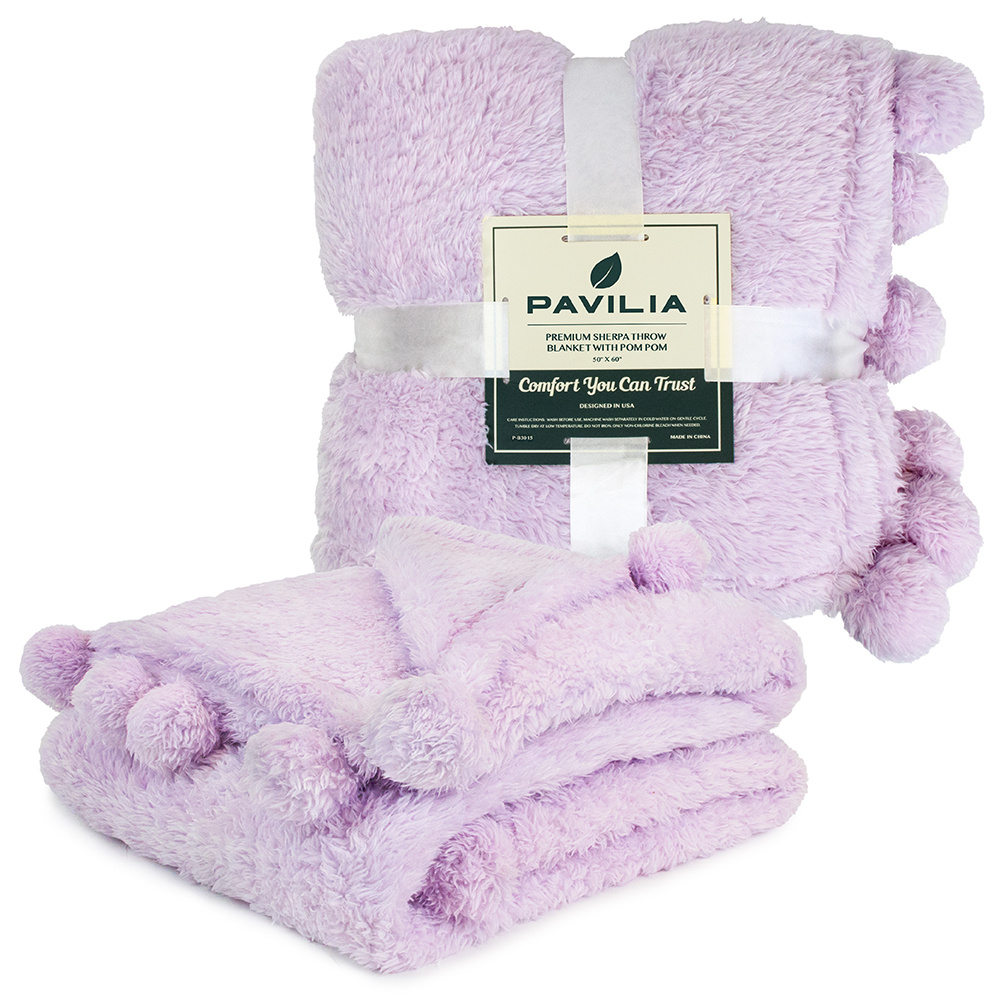 Soft Fuzzy Cozy Pom Pom Throw Blanket with Fluffy Sherpa Fleece for Sofa Couch - Picture 57 of 100