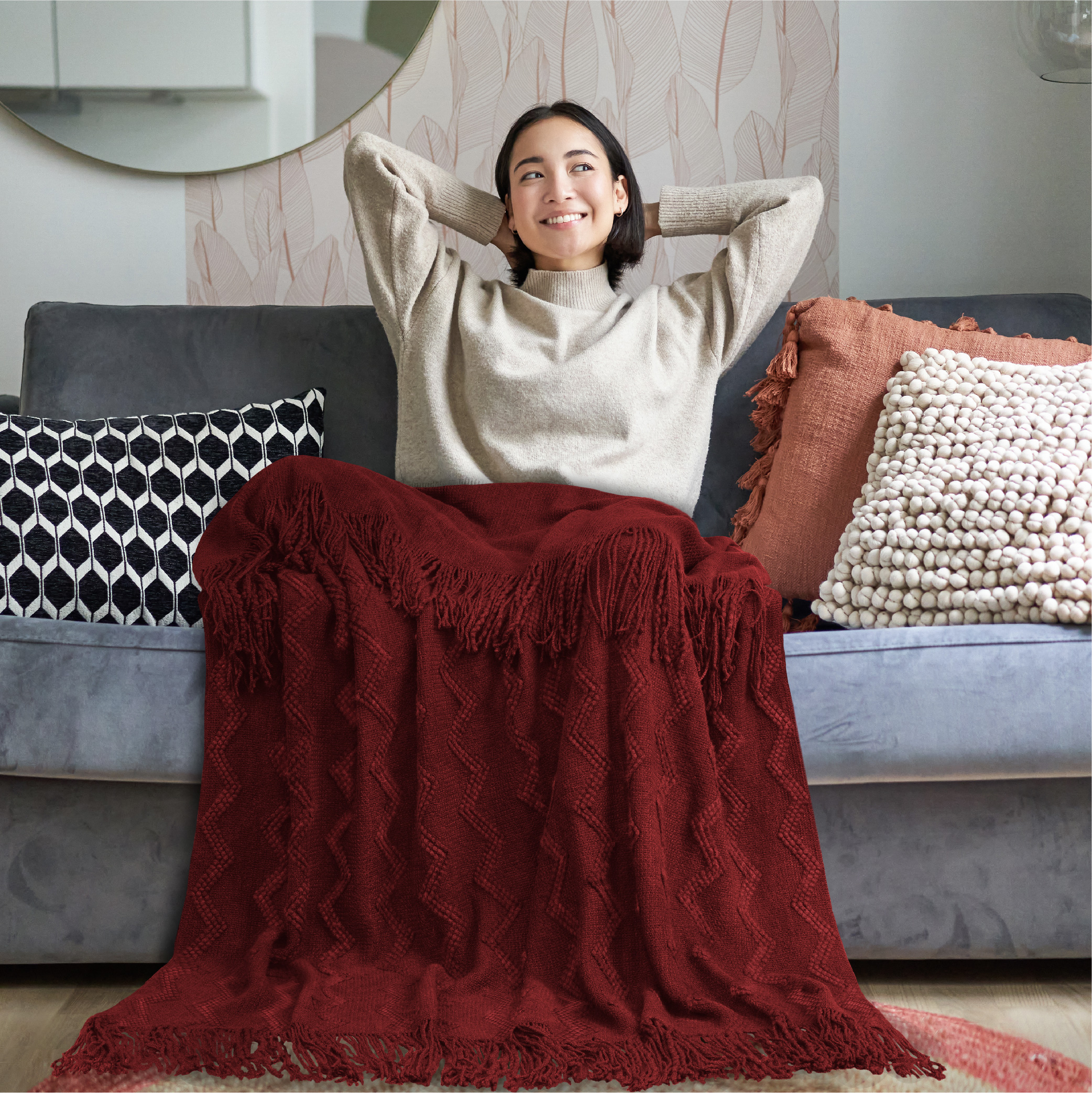 Textured Knitted Fringe Throw Blanket Decorative for Couch Sofa Bed Lightweight - Picture 138 of 142