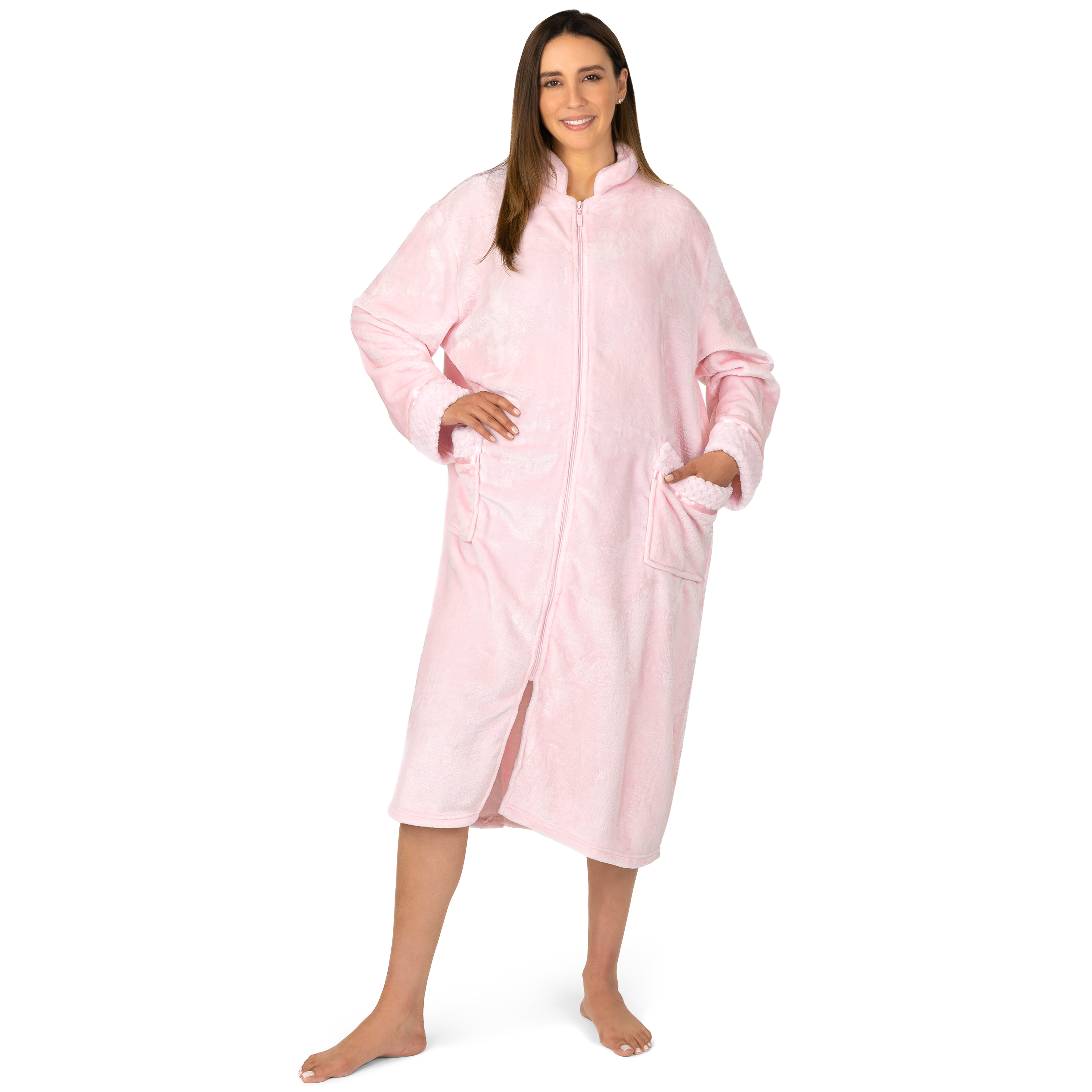 Women Zipper Robe Housecoat Lounger Zip Up Robe Full Length Satin Trim Ladies - Picture 46 of 89