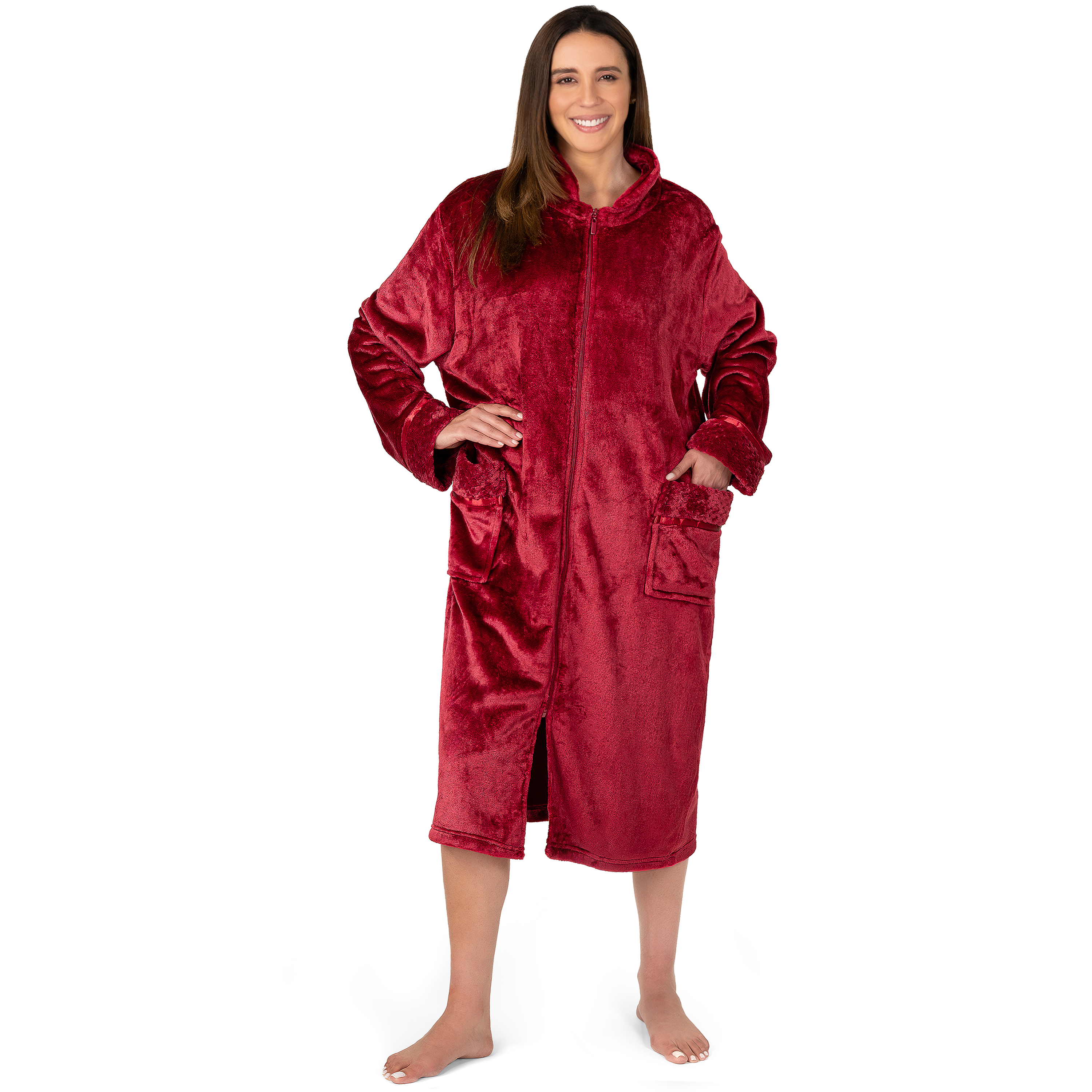 Women Zipper Robe Housecoat Lounger Zip Up Robe Full Length Satin Trim Ladies - Picture 88 of 89